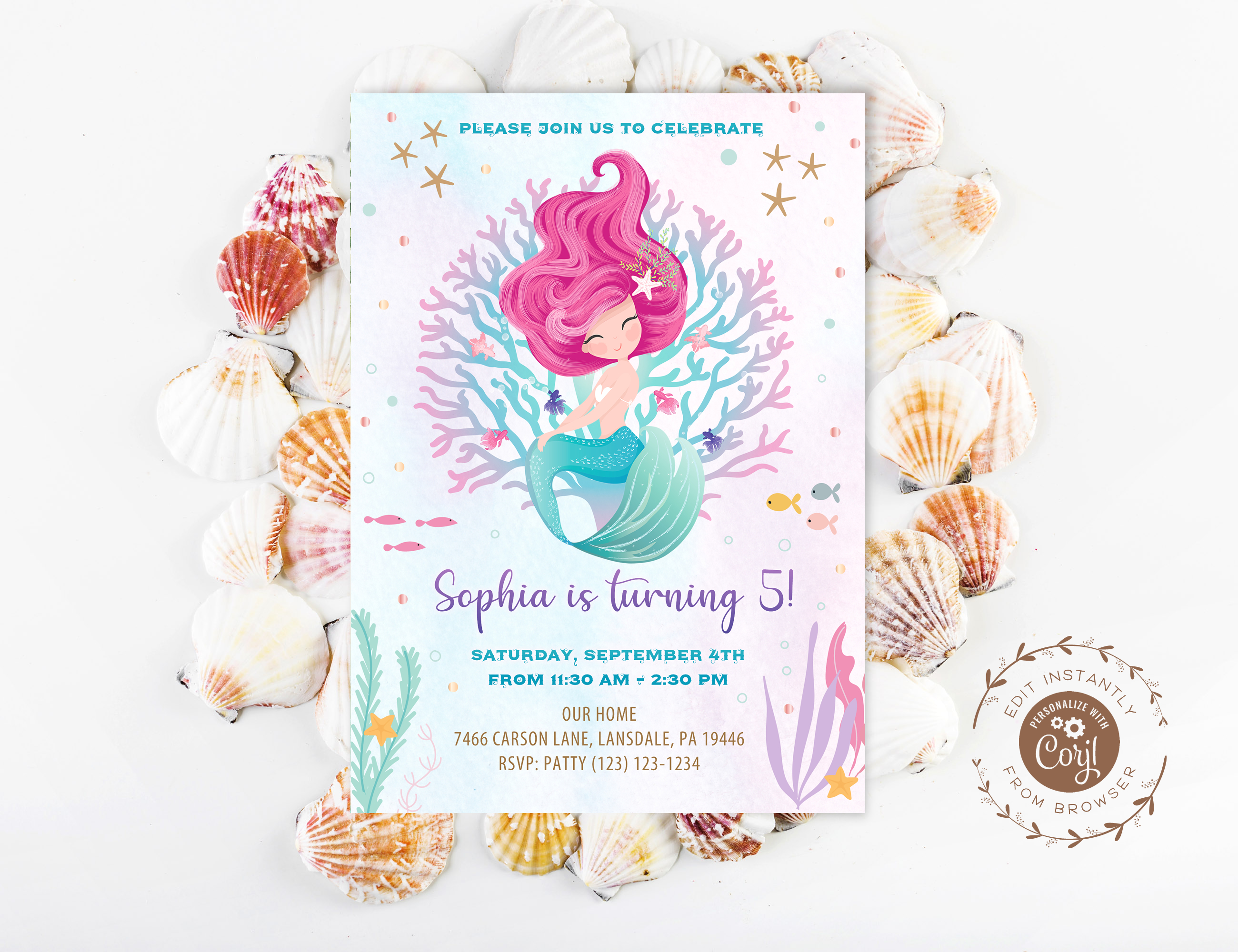 Mermaid invitation coral design preview
