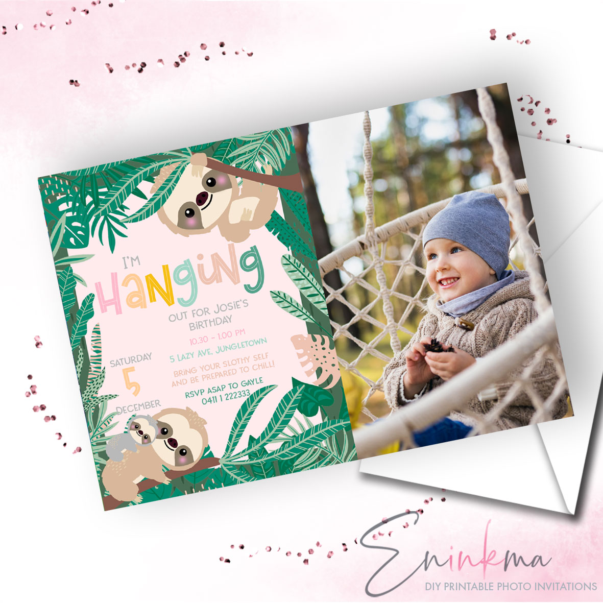 Swinging Sloth Photo Invitations design preview