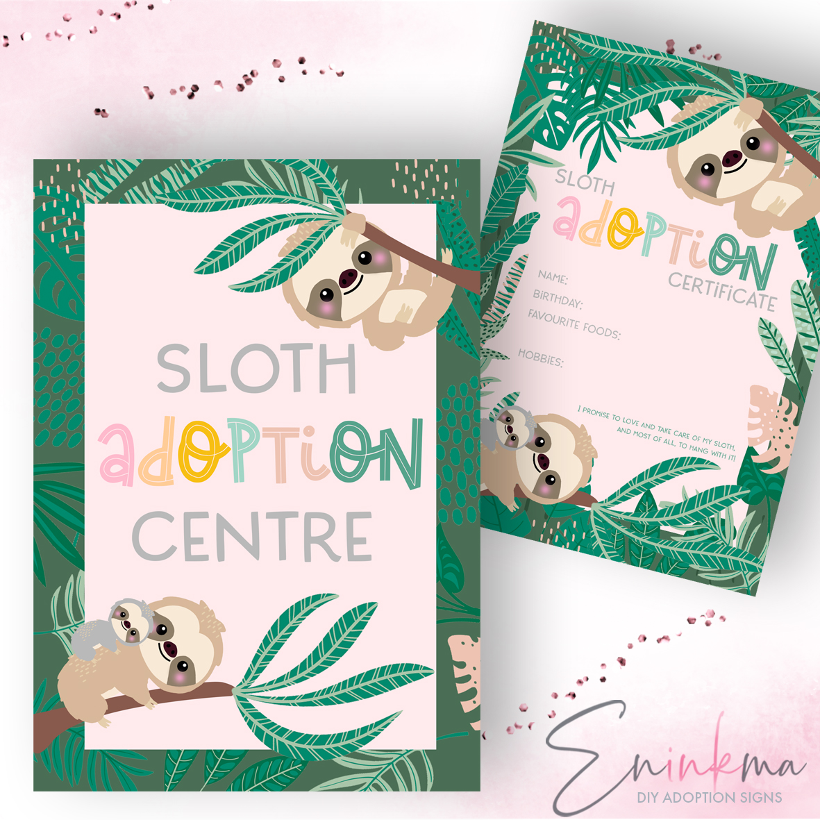 Swinging Sloth Adoption Sign and Certificate design preview