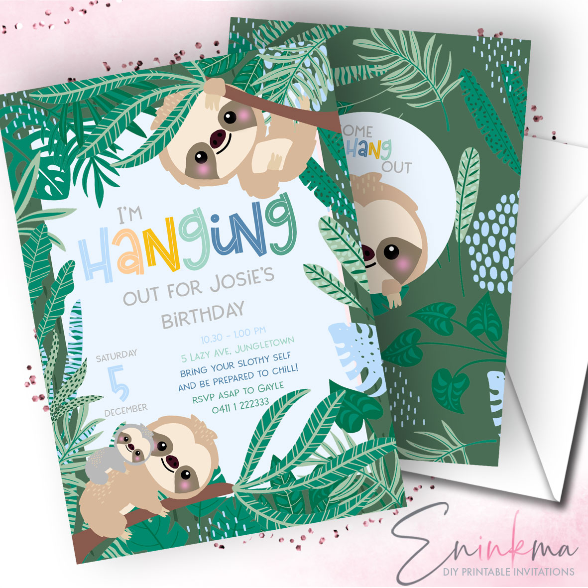 Swinging Sloth Invitations BLUE design preview