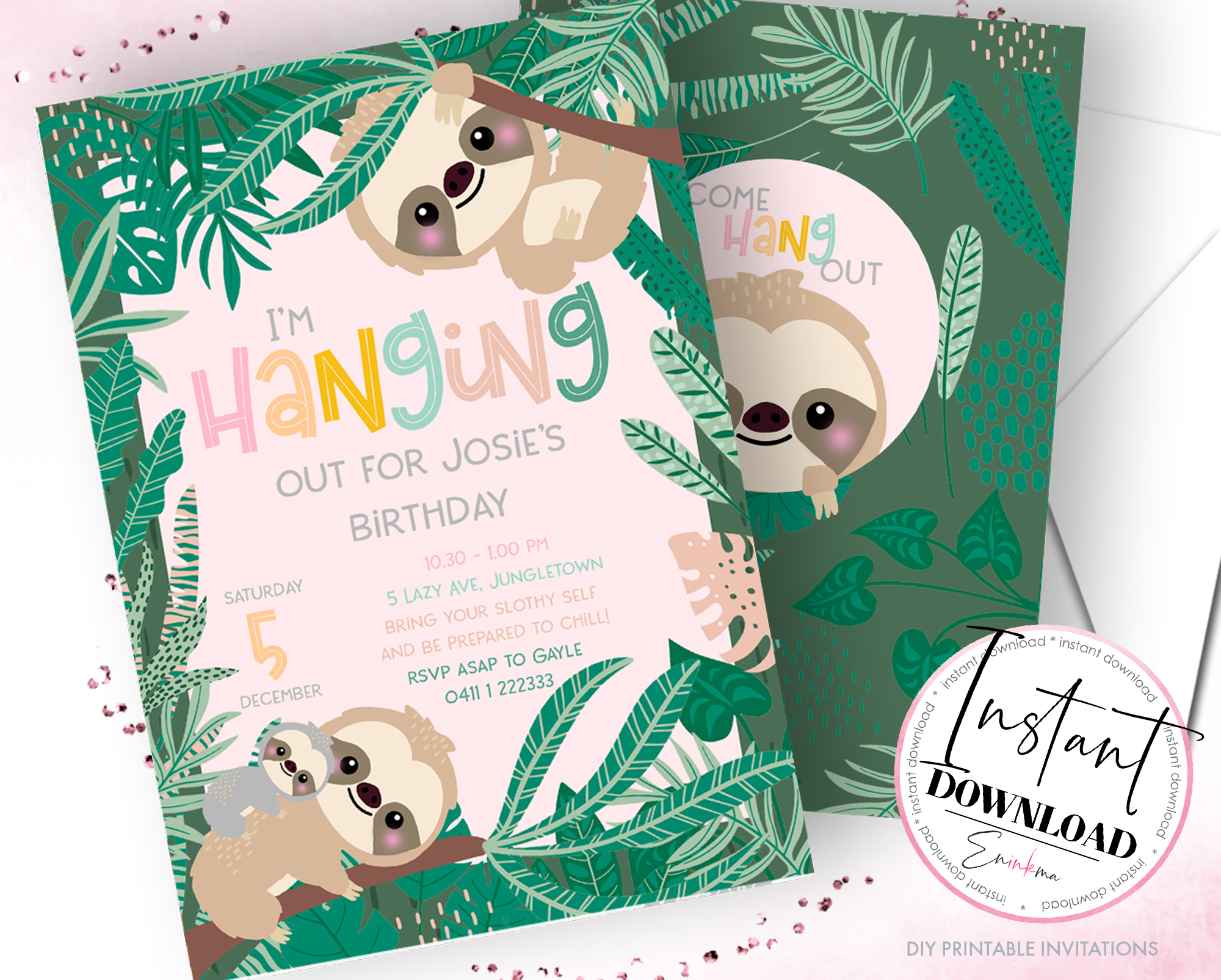 Swinging Sloth Invitations design preview