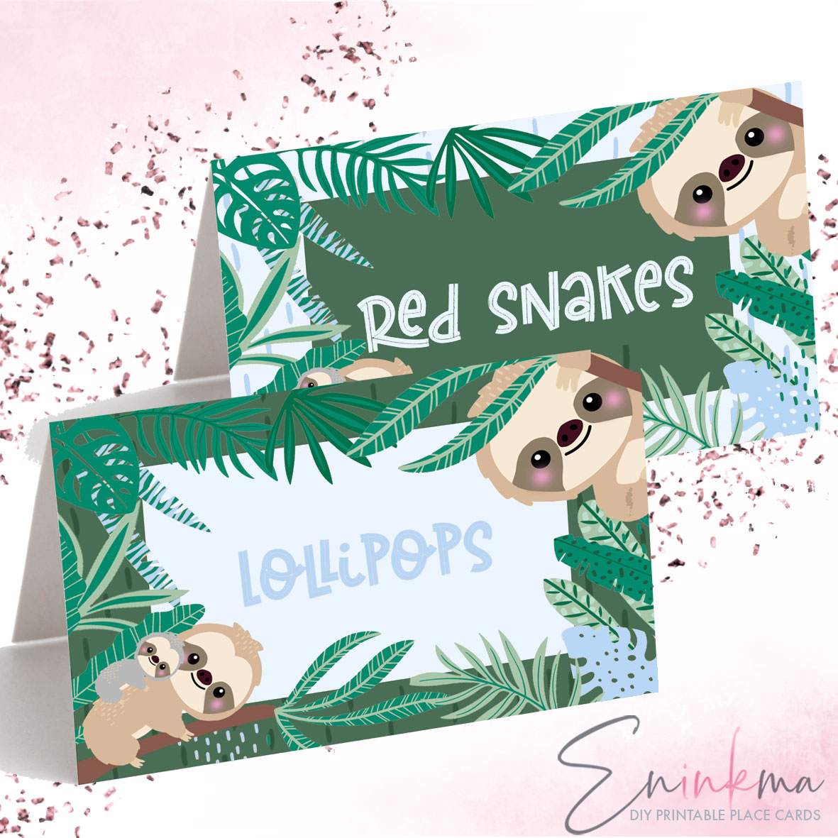 Swinging Sloth Place Cards BLUE design preview
