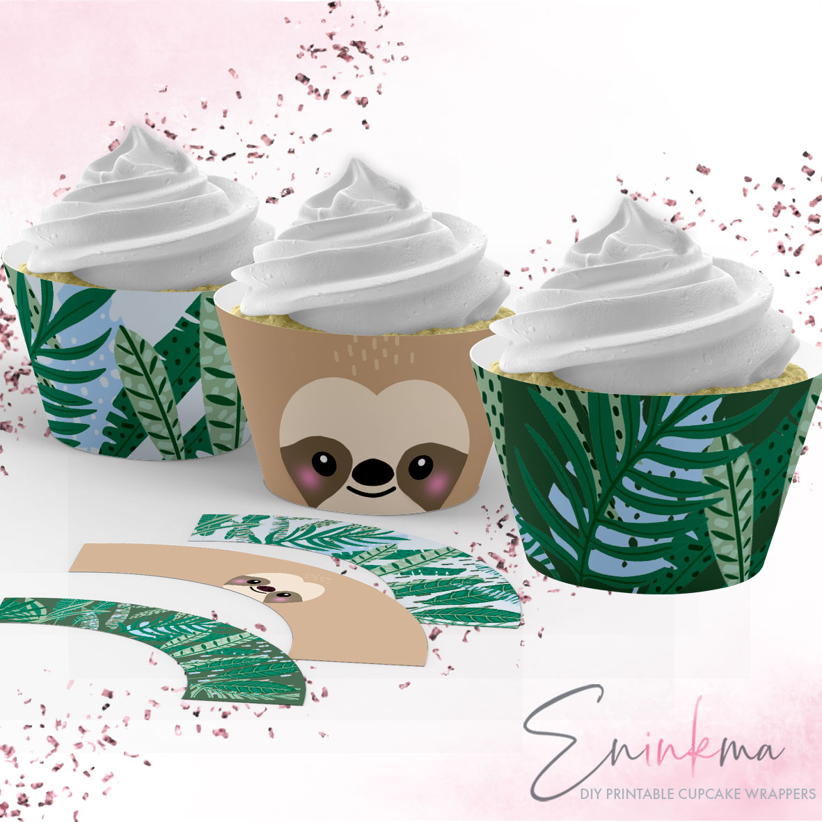 Swinging Sloth Cupcake Wrappers BLUE design preview