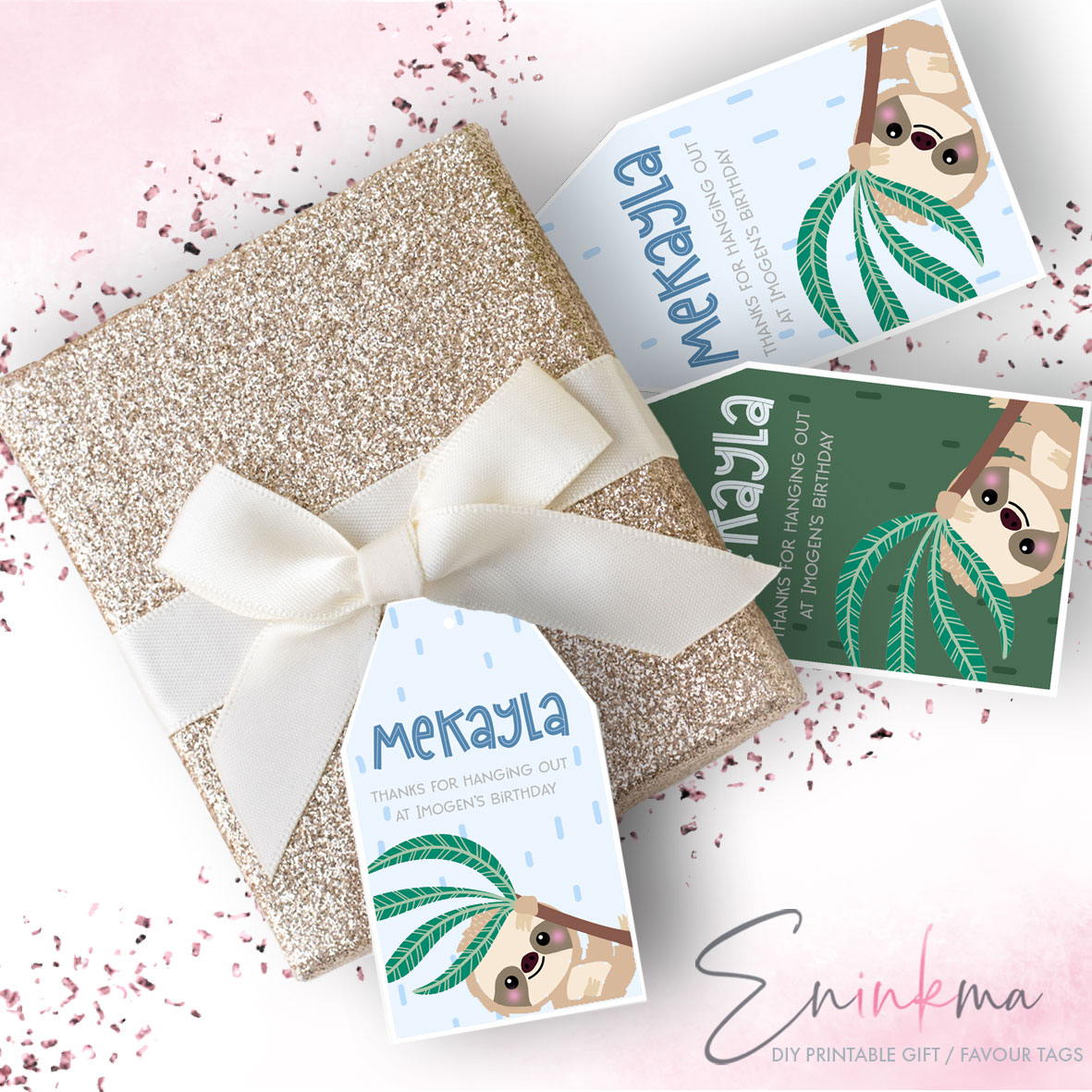 Swinging Sloth Favour Tags BLUE design preview
