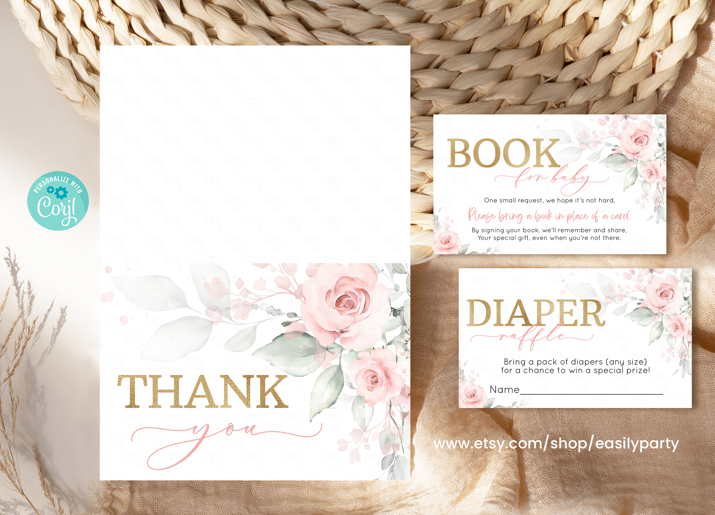 BF001 - Blush floral thank you card diaper raffle & book for baby design preview