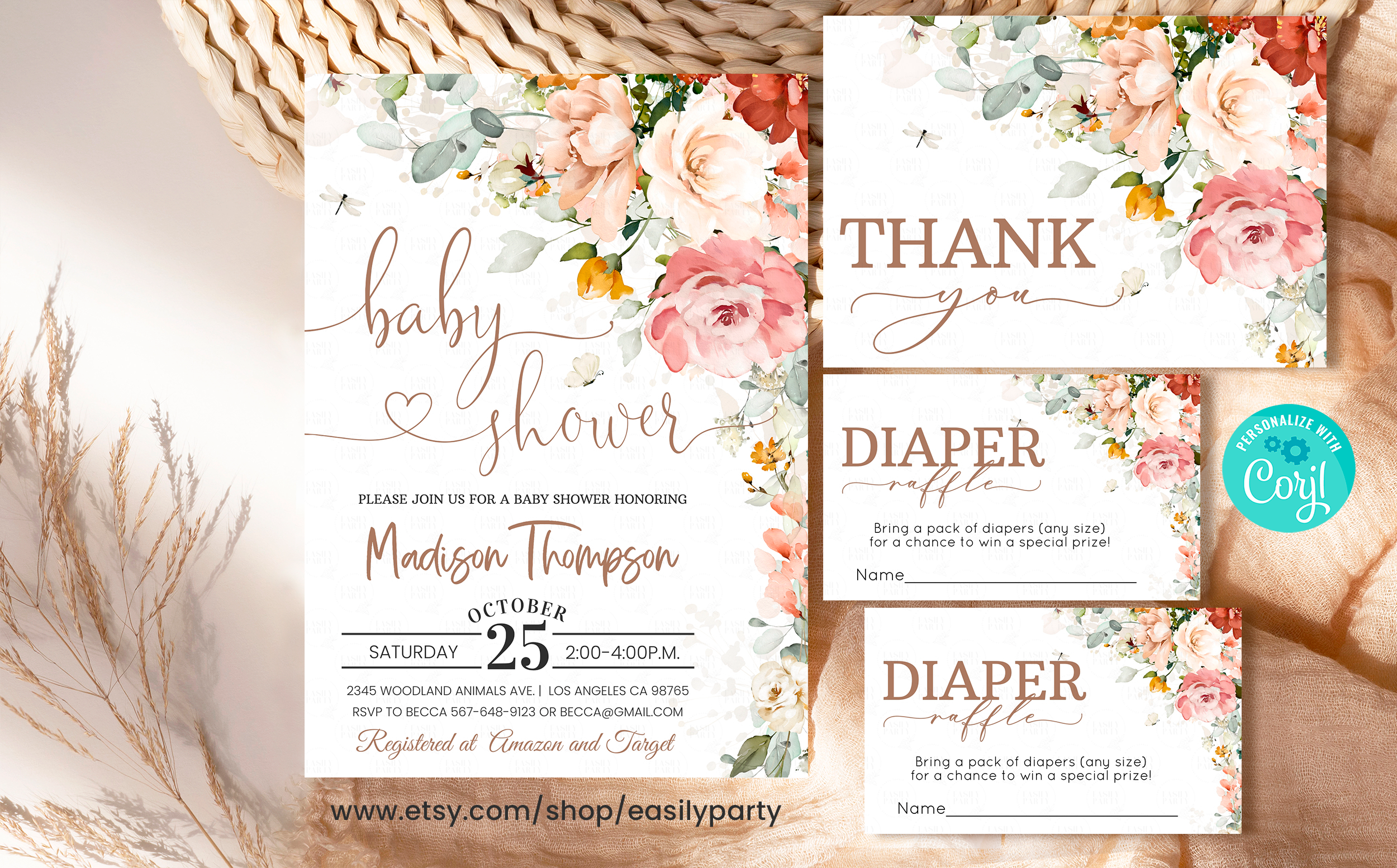 GAD001 - Garden baby shower invitation SET design preview