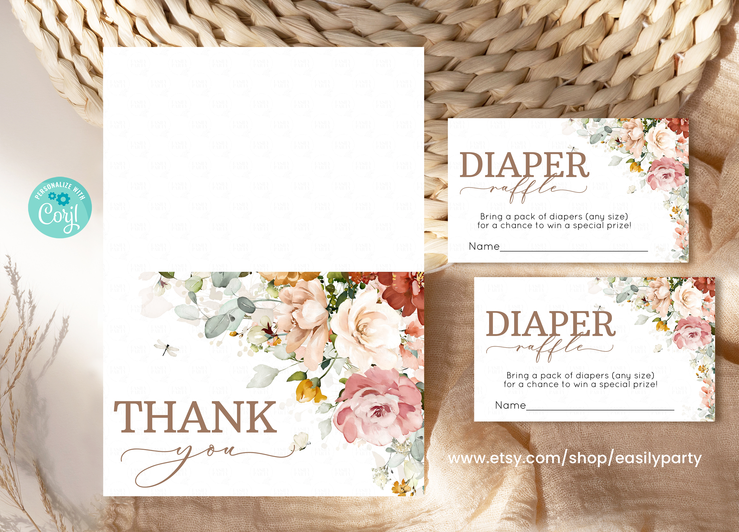 GAD001 - Garden baby shower Thank you card, diaper raffle & book for baby design preview