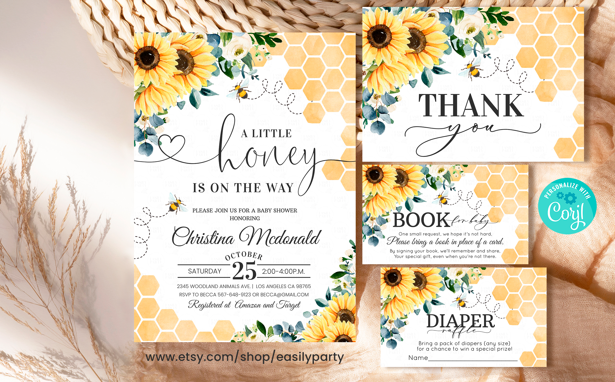 Bee003 - Bee baby shower invitation set design preview
