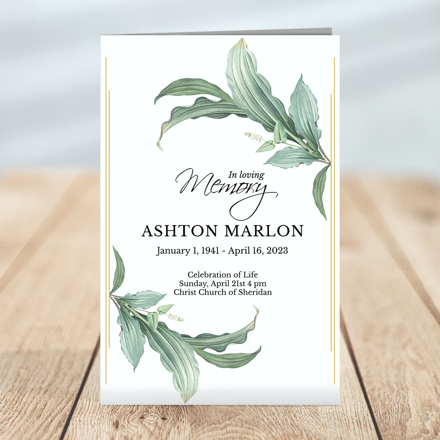 Green & Gold Botanical Funeral Program design preview