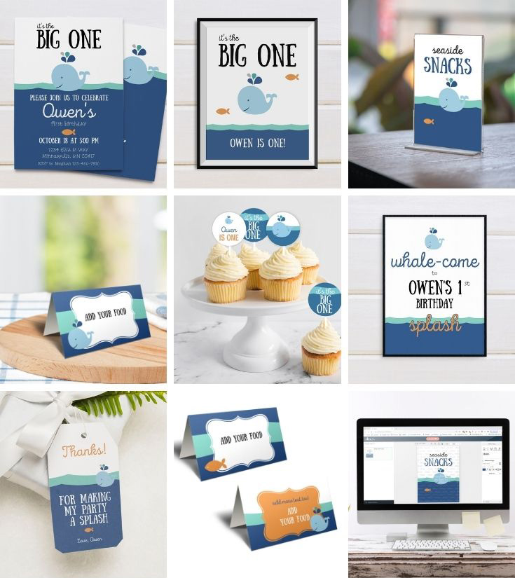 Whale First Birthday Party Package design preview
