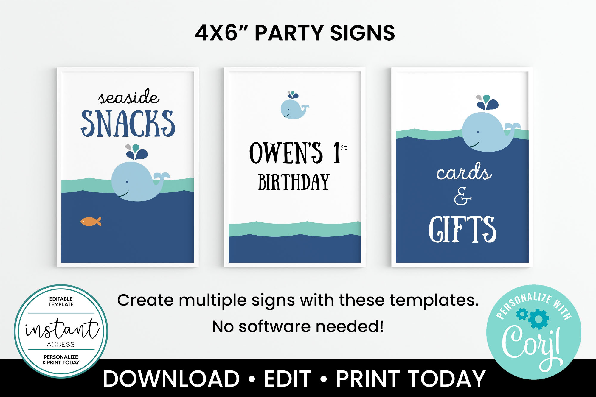 Whale 4x6" Party Signs design preview