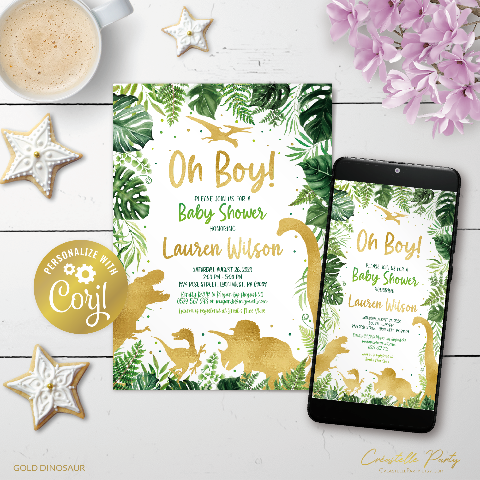 dinosaur gold - bbs invitation design preview