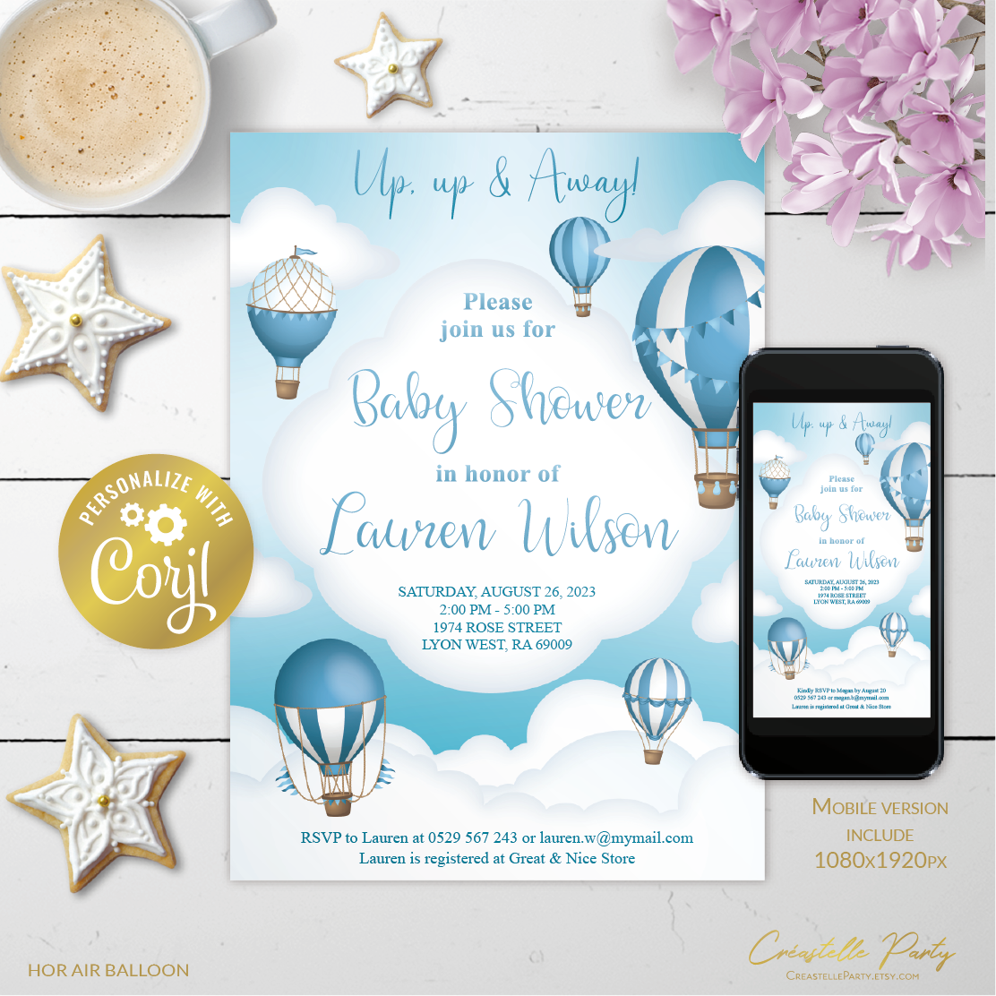 HotAirBalloon blue - bbs invitation 1 design preview