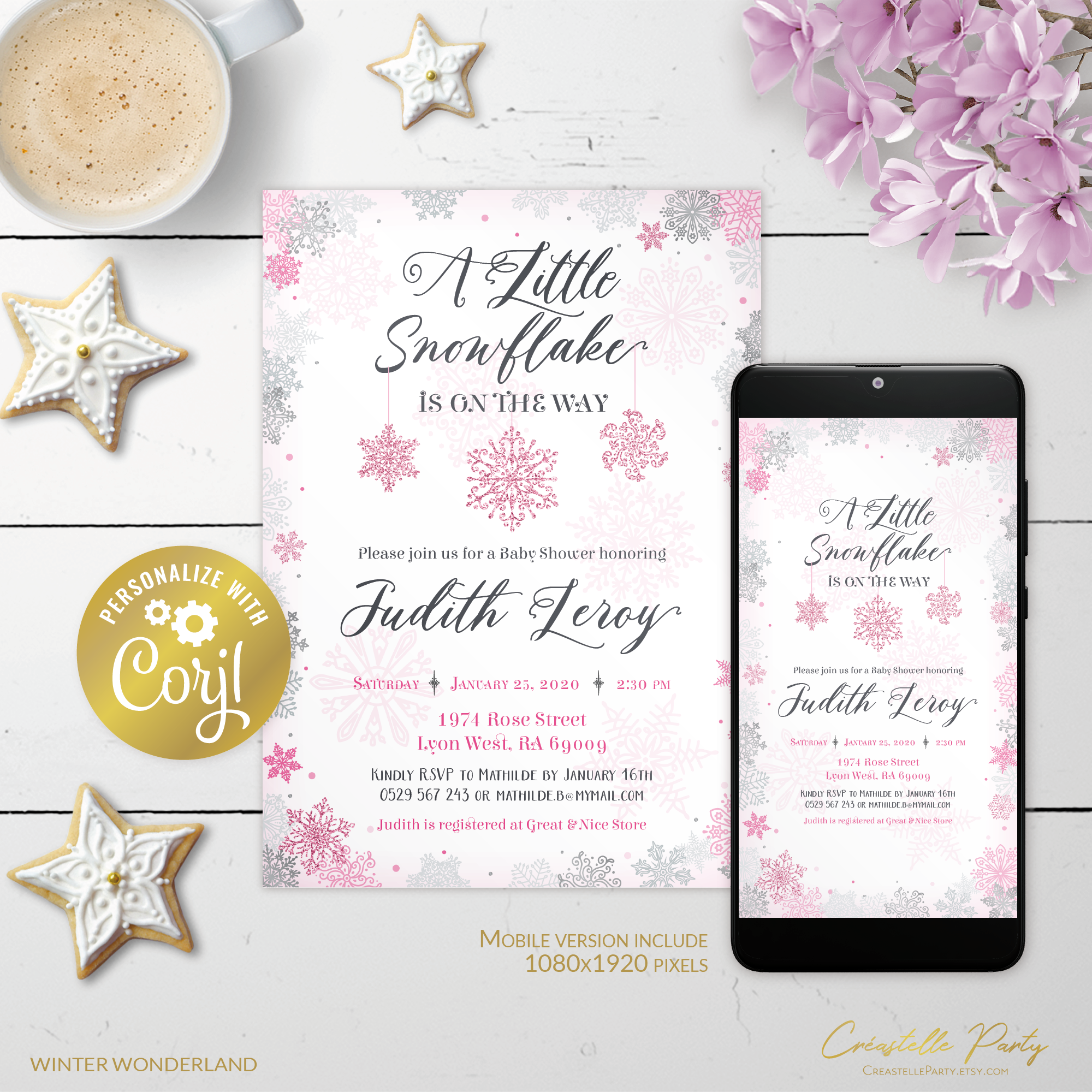 winter wonderland pink - bbs invitation 2 design preview