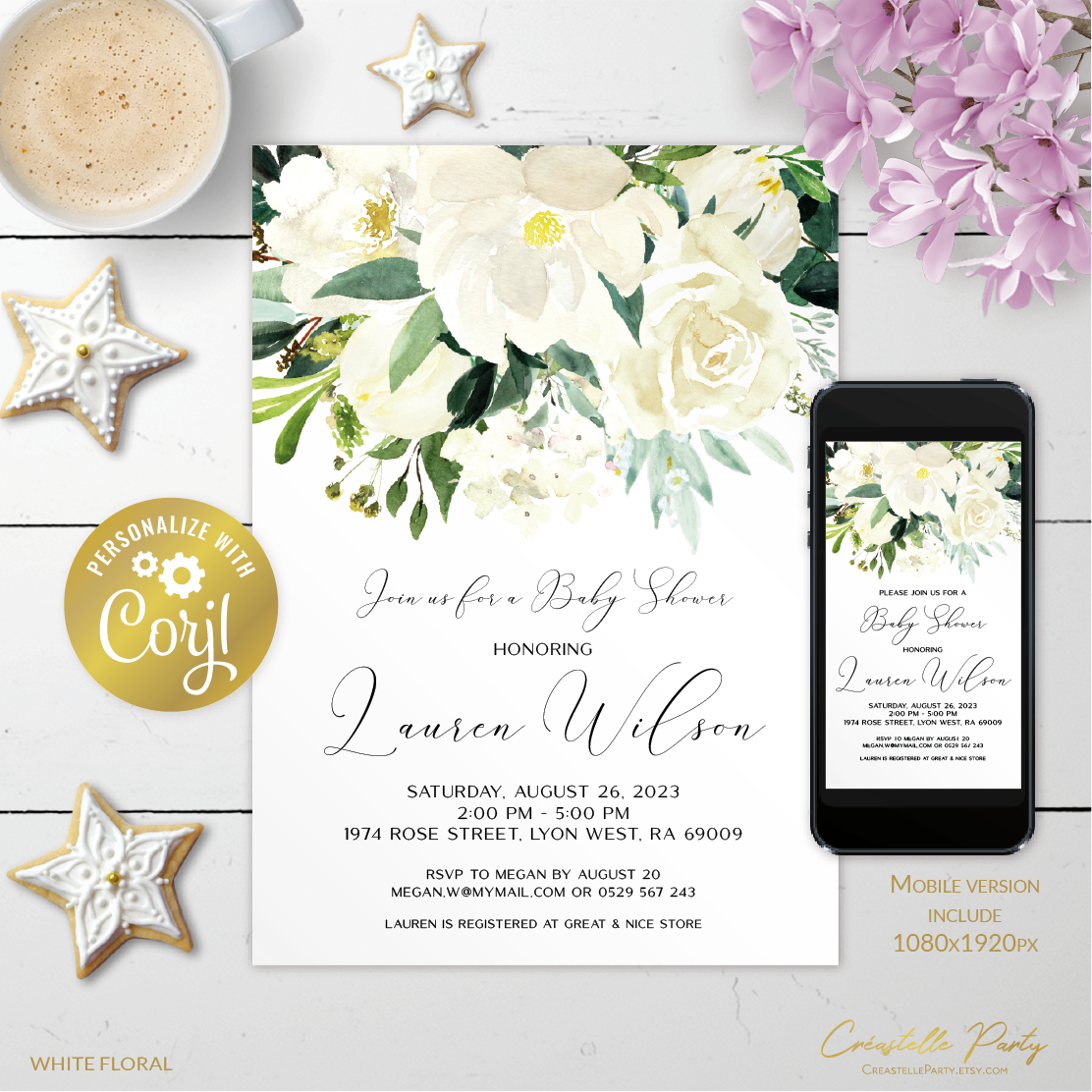 white floral - bbs invitation 2 design preview