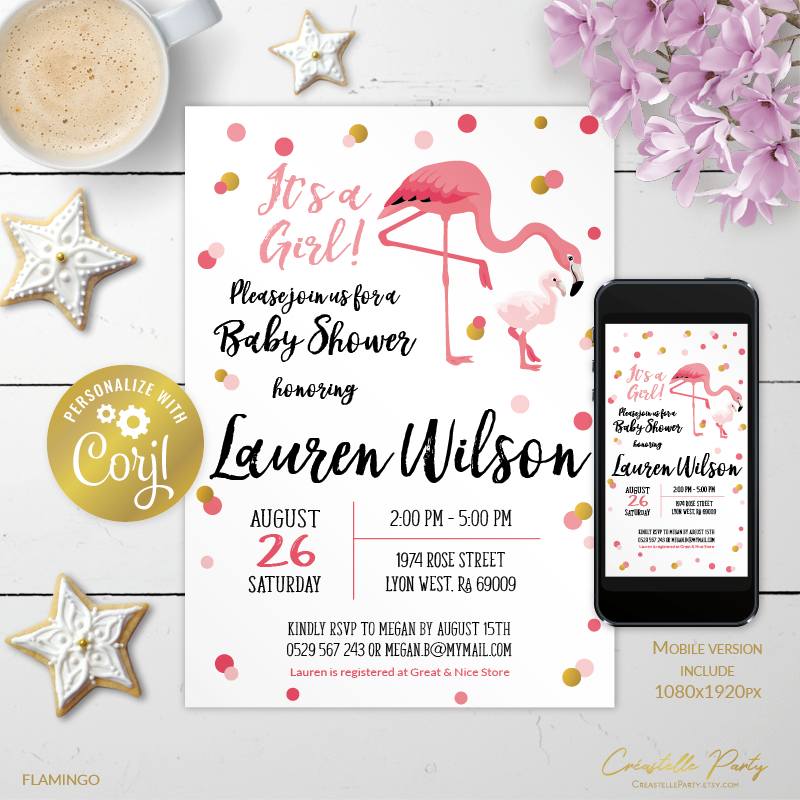 flamingo dots -  bbs invitation design preview