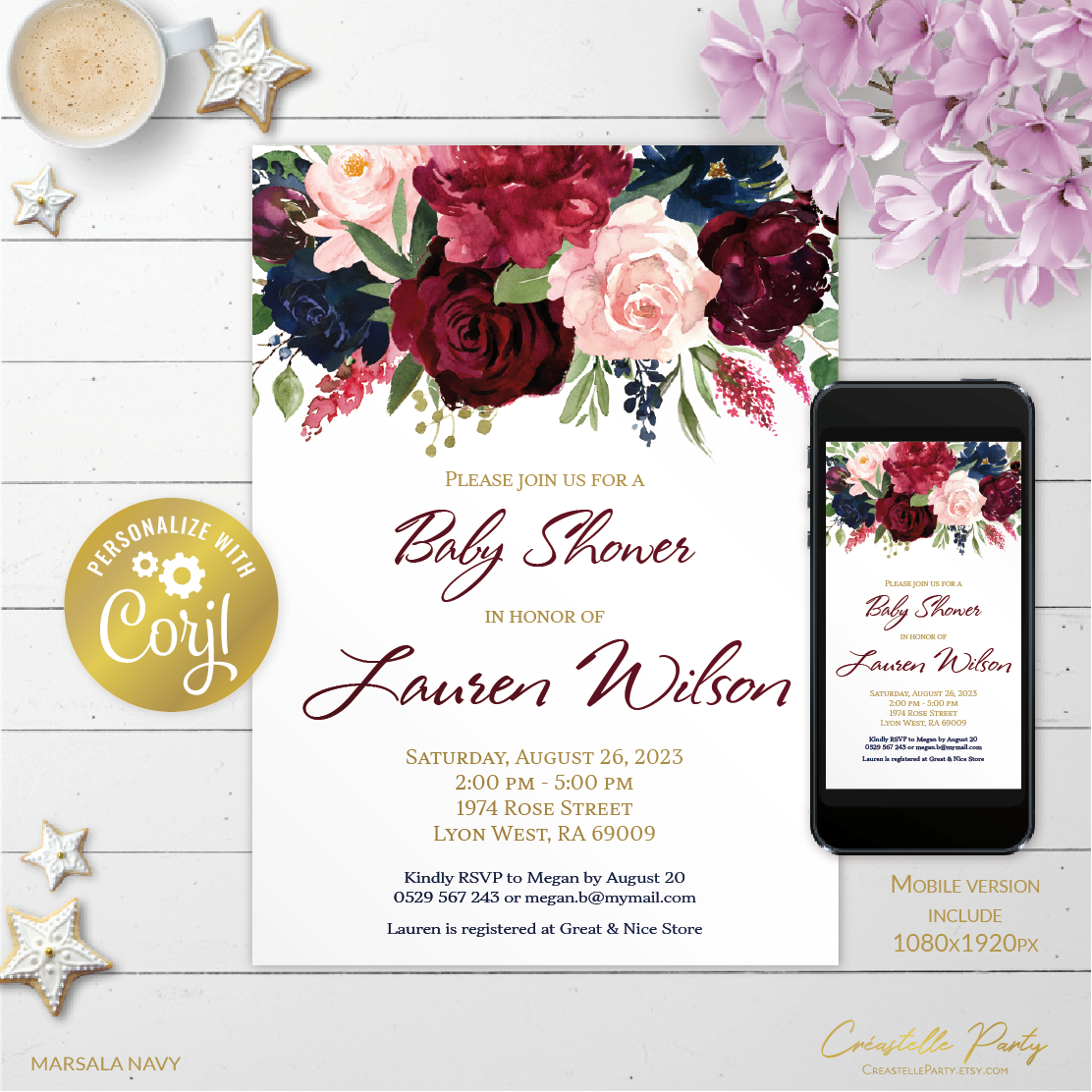 marsala navy - bbs invitation 2 design preview