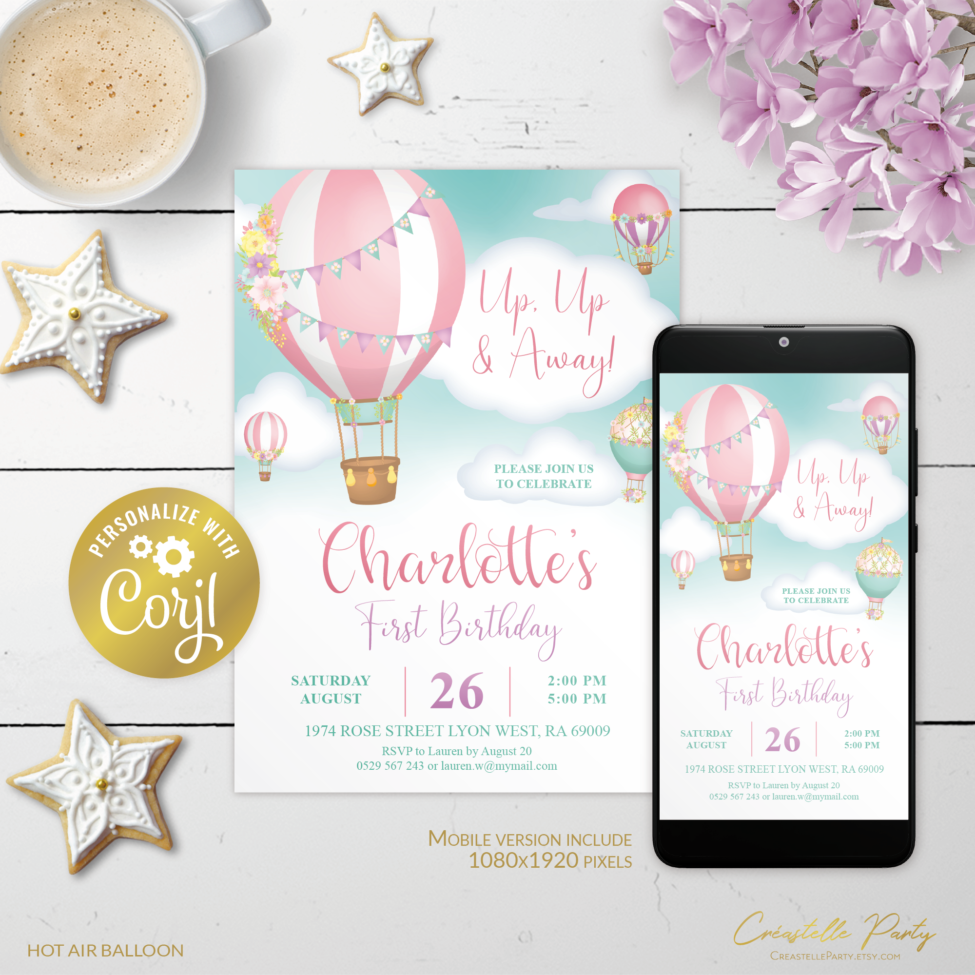 HotAirBalloon turquoise - bd invitation 2 design preview