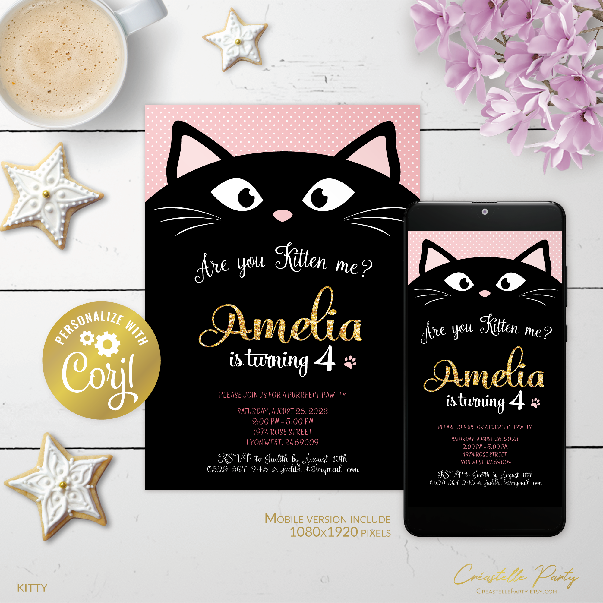 kitty pink - bd invitation 4 design preview