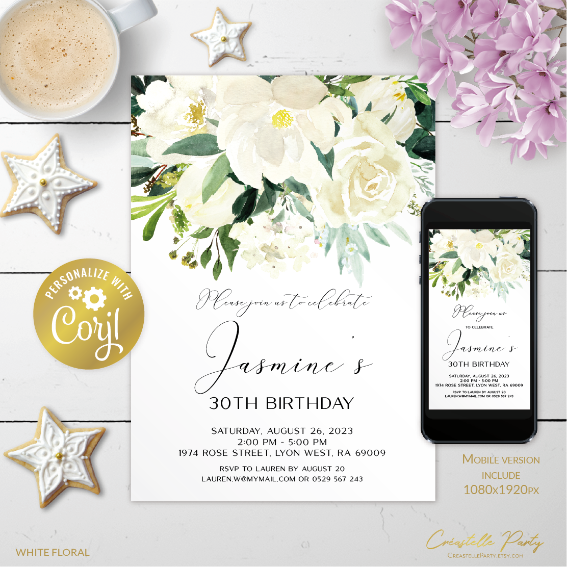 white floral - bd invitation 2 design preview