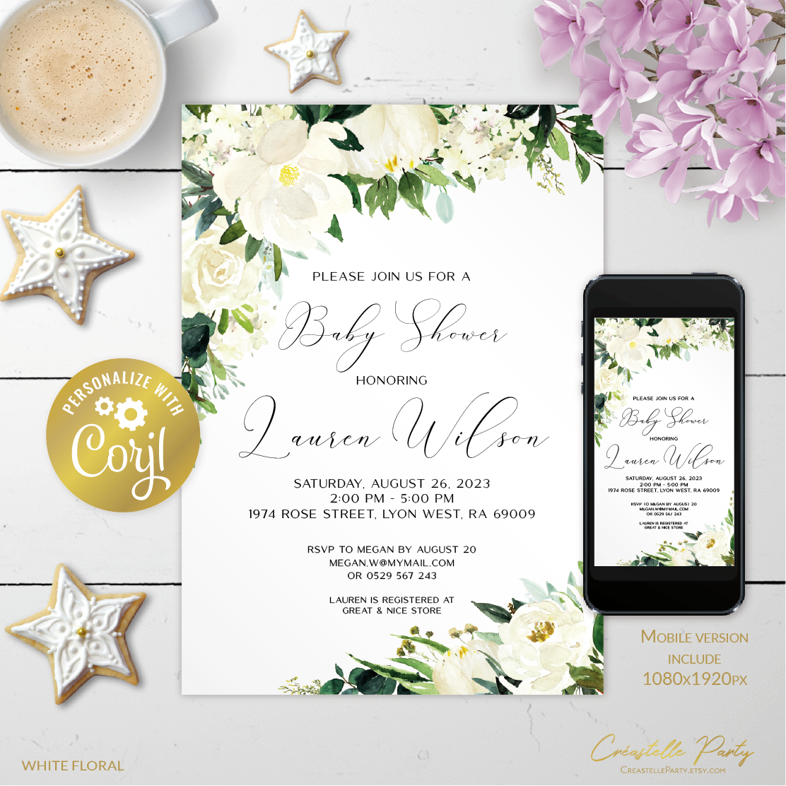 white floral - bbs invitation 1 design preview