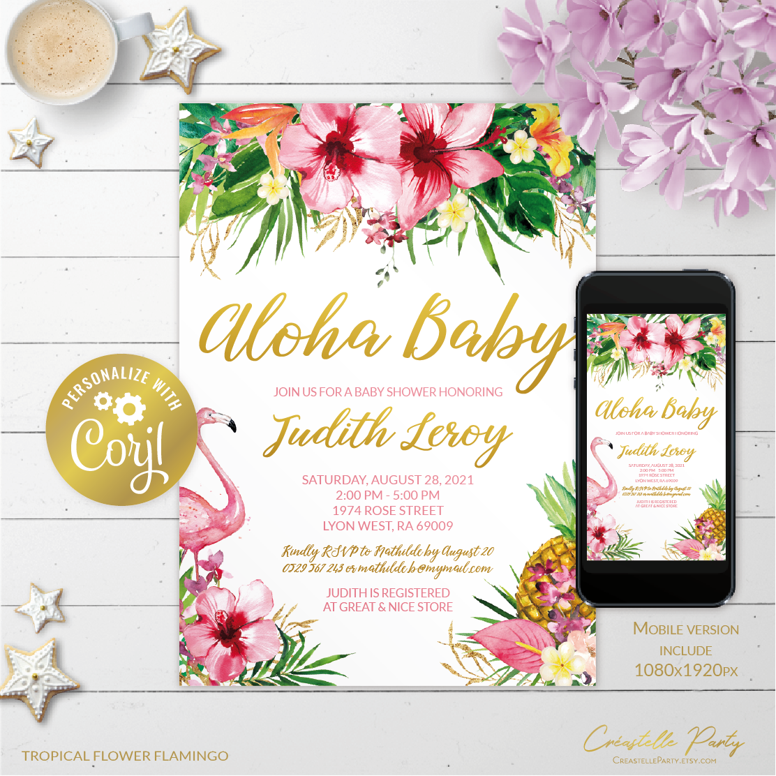 tropical flamingo - bbs invitation 3 design preview
