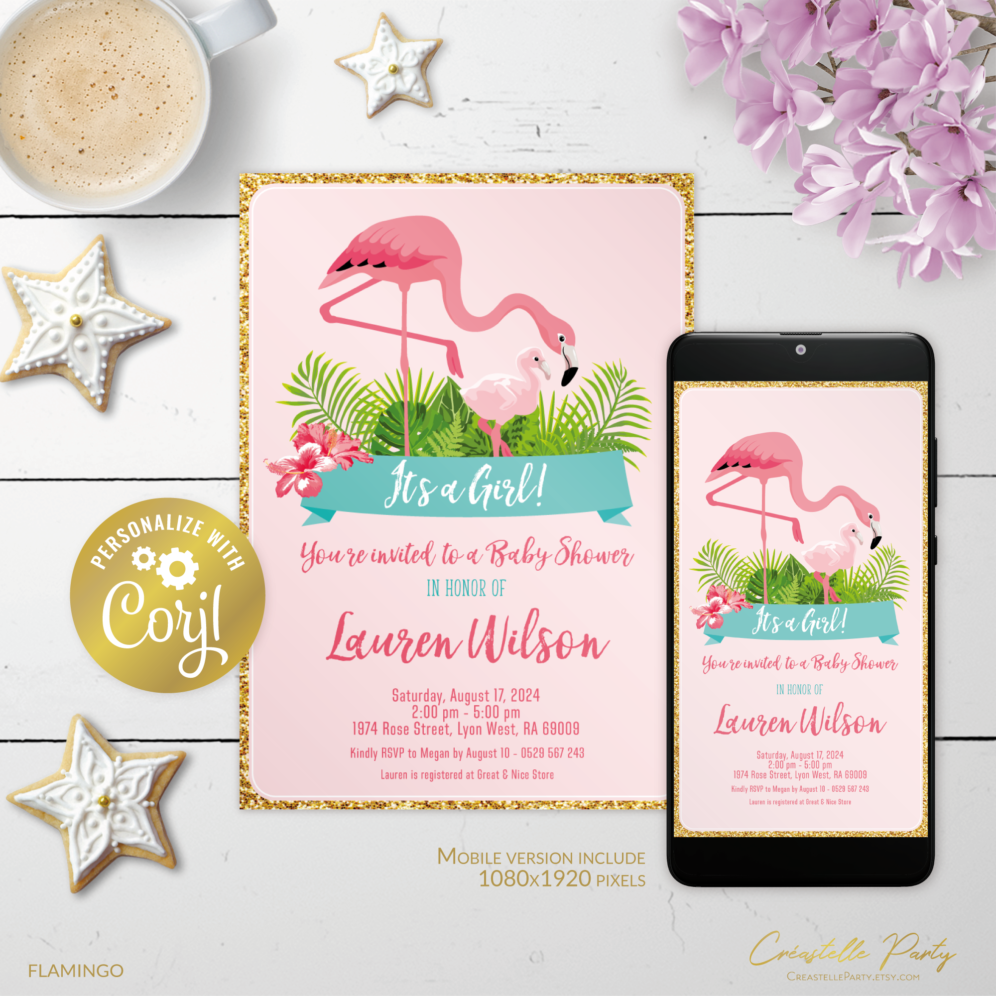 flamingo pink - bbs invitation design preview