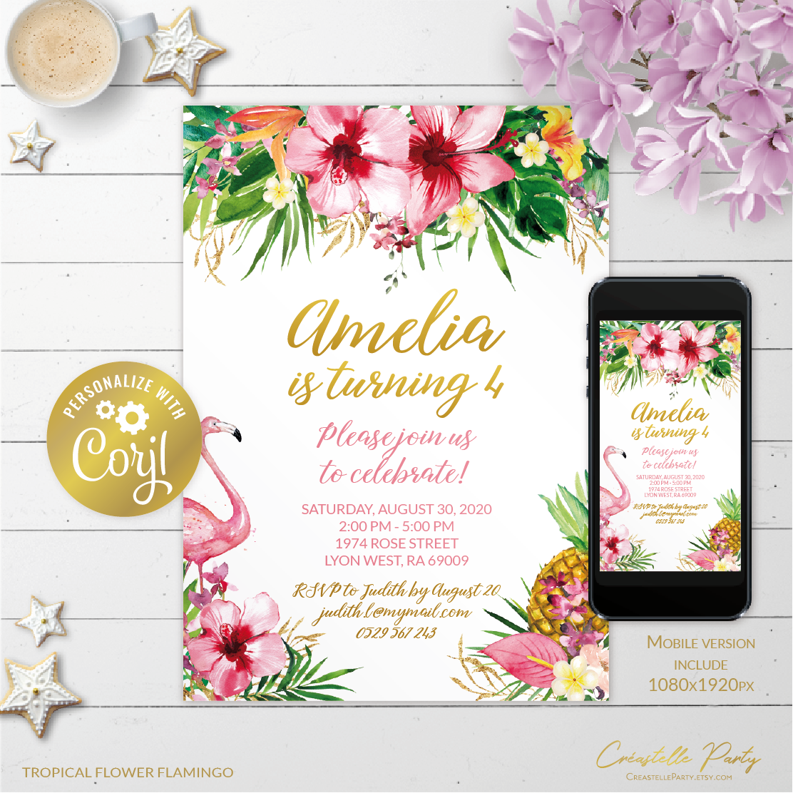 tropical flamingo - bd invitation 3 design preview