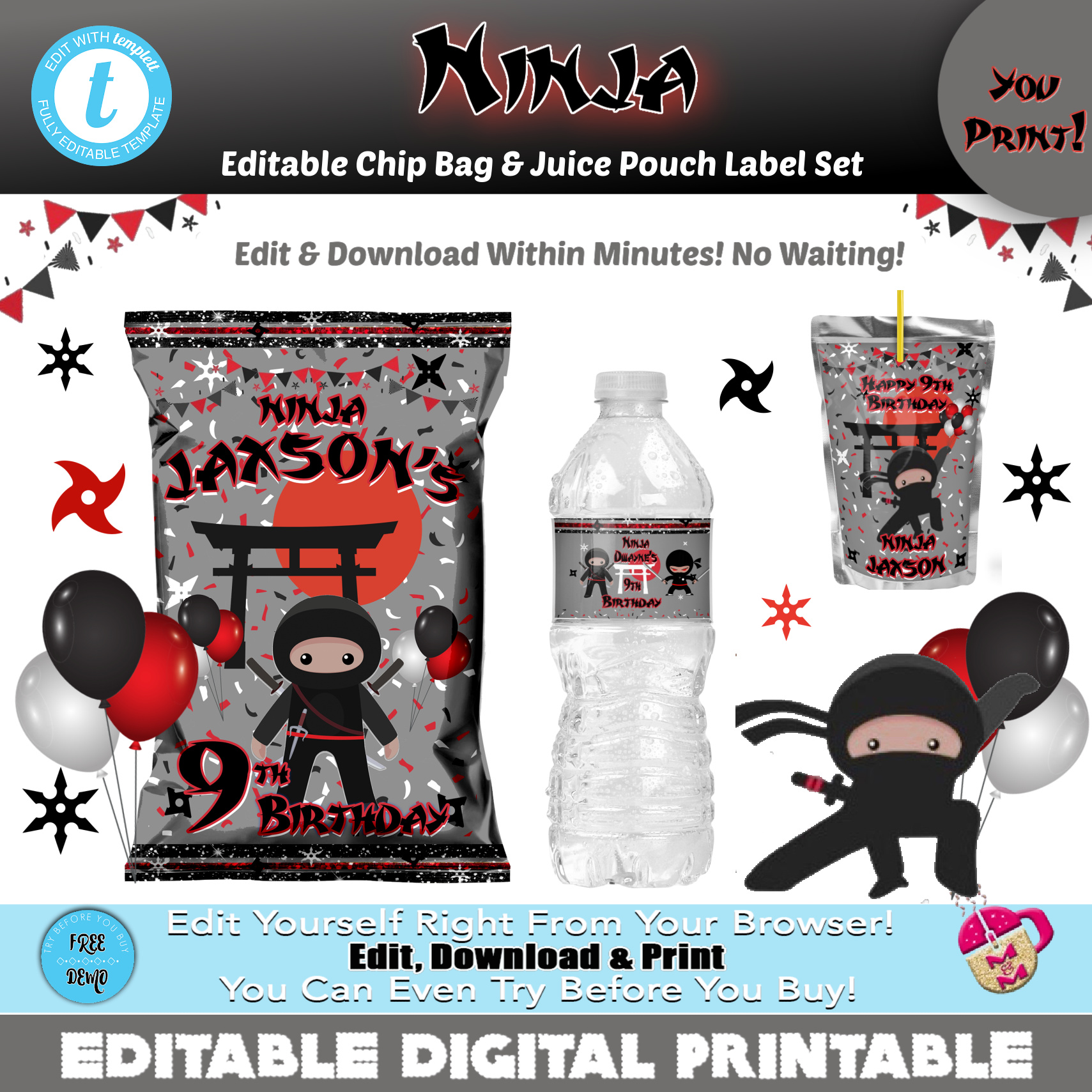 Ninja Birthday Chip Bag Set design preview