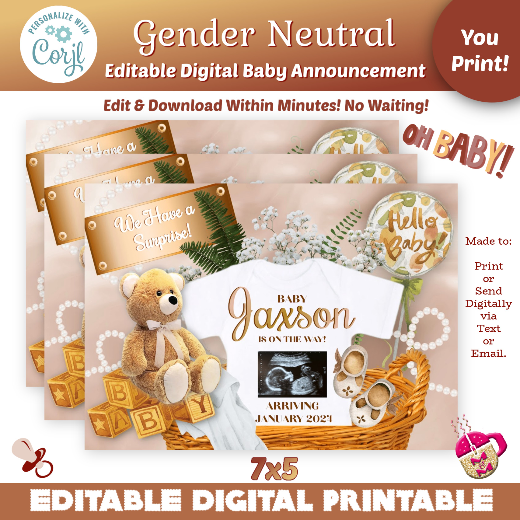 Gender Neutral Baby Announcement design preview