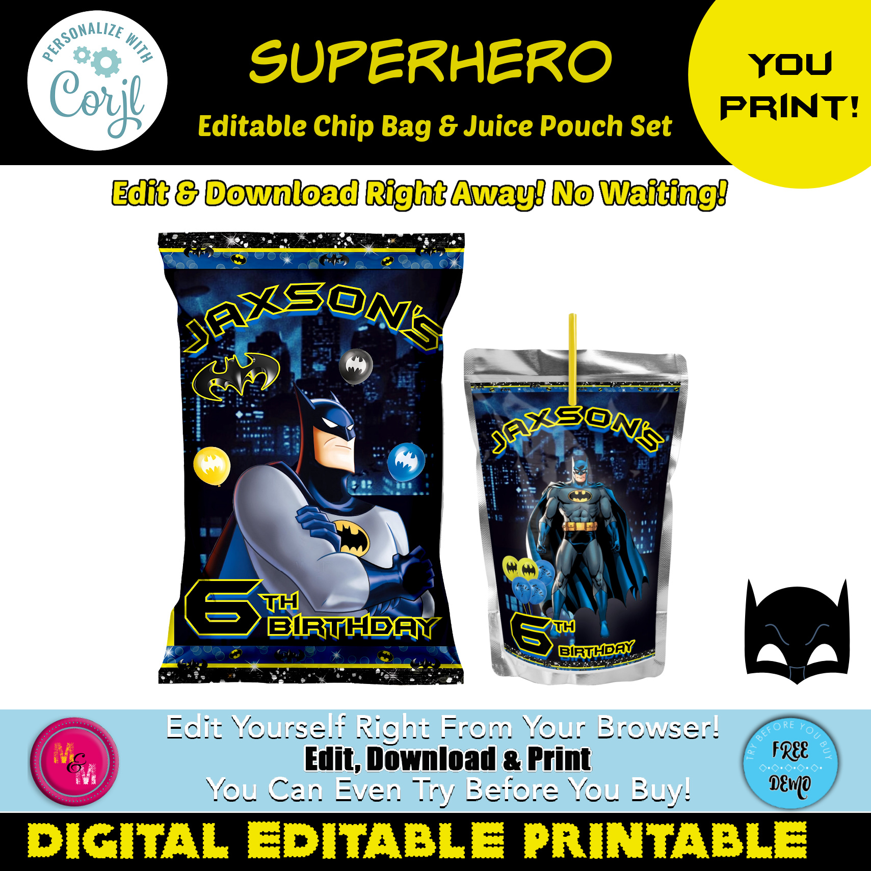 Bat Superhero Chip Bag & Juice Pouch Set design preview