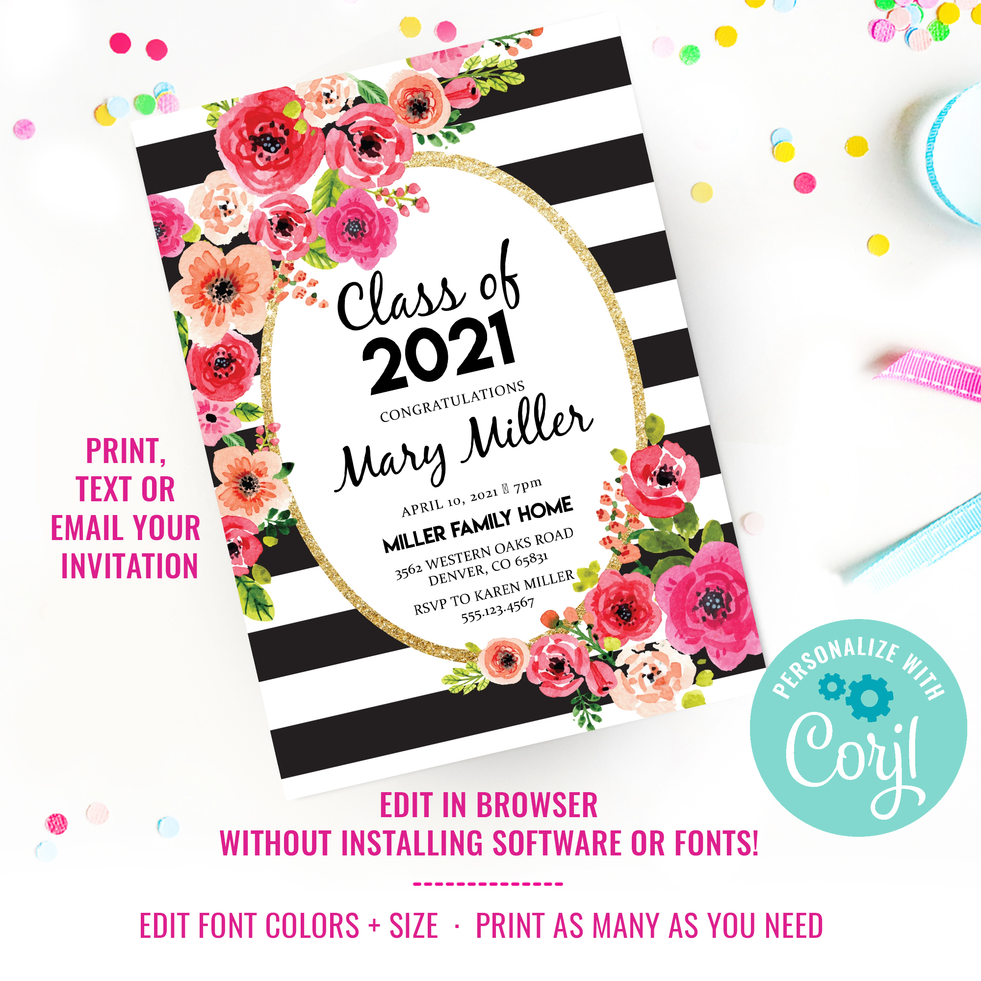 Black and White Floral Graduation Invitation design preview