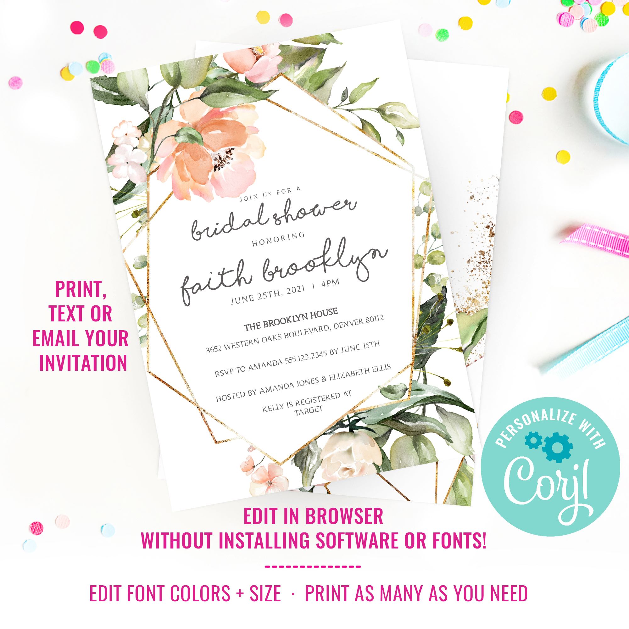 Floral Metallic Geometric Bridal Shower Invitation design preview