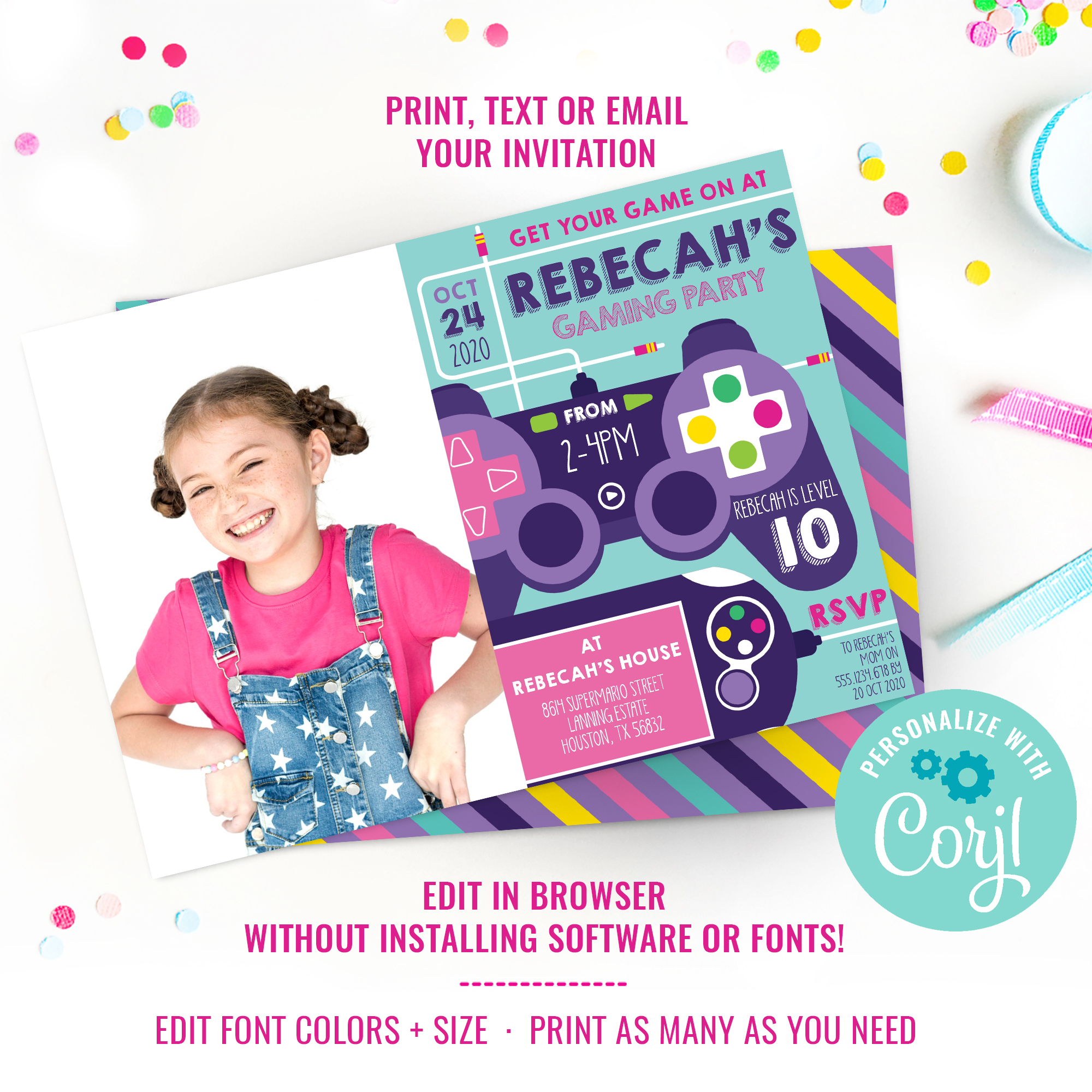 Gaming Girls Party Photo Invitation design preview