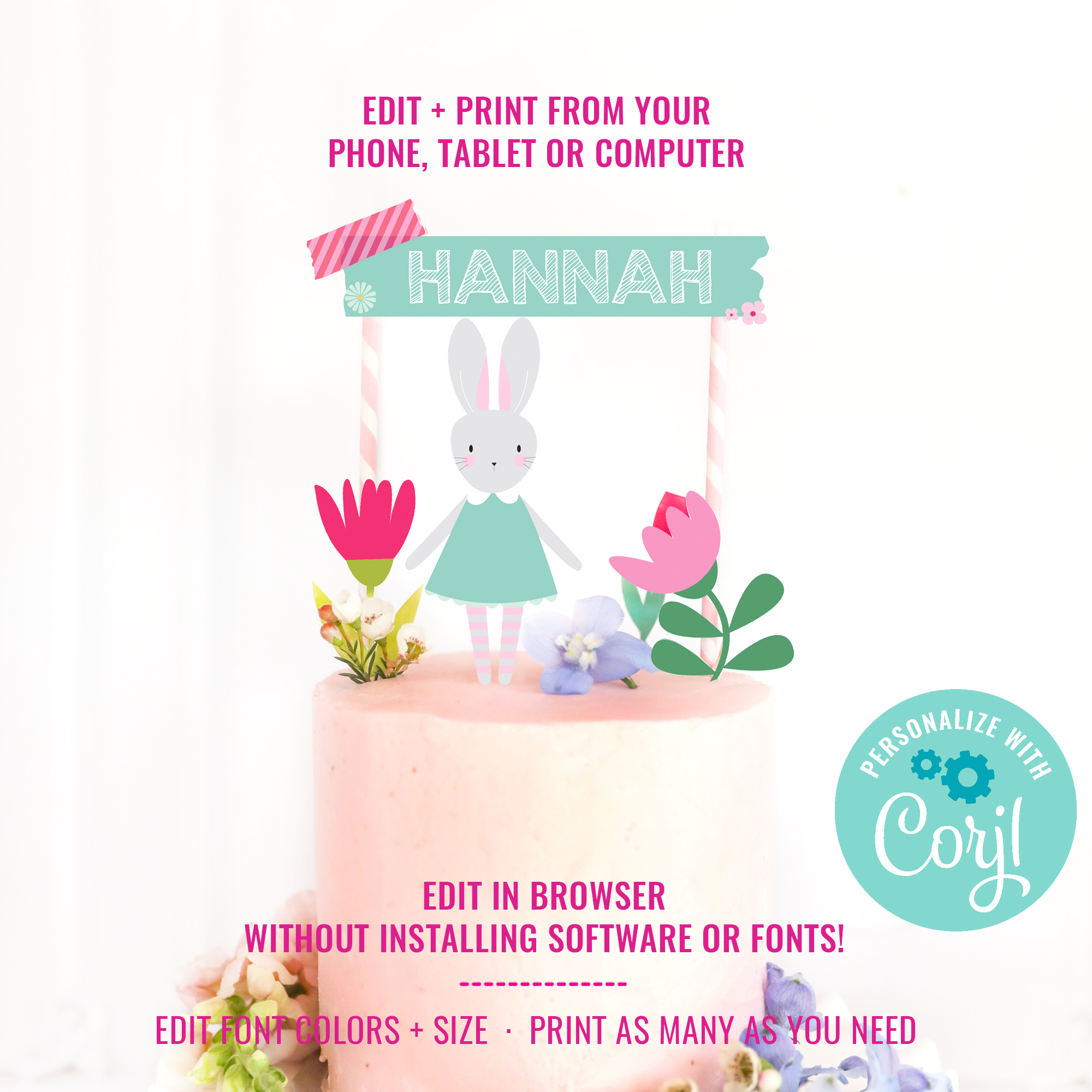 Bunny Birthday Party Cake Topper design preview