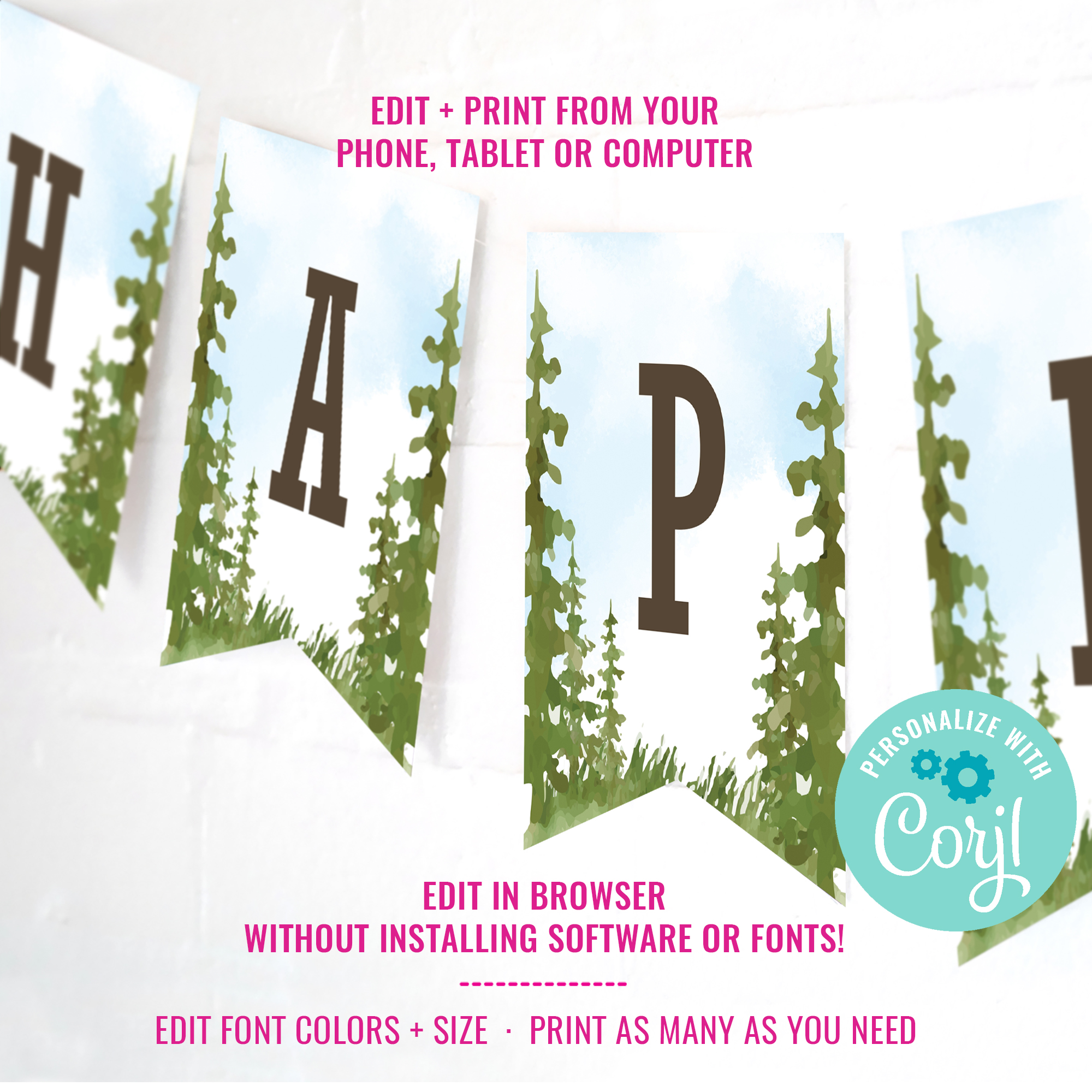 Camping Party Watercolor Birthday Banner design preview