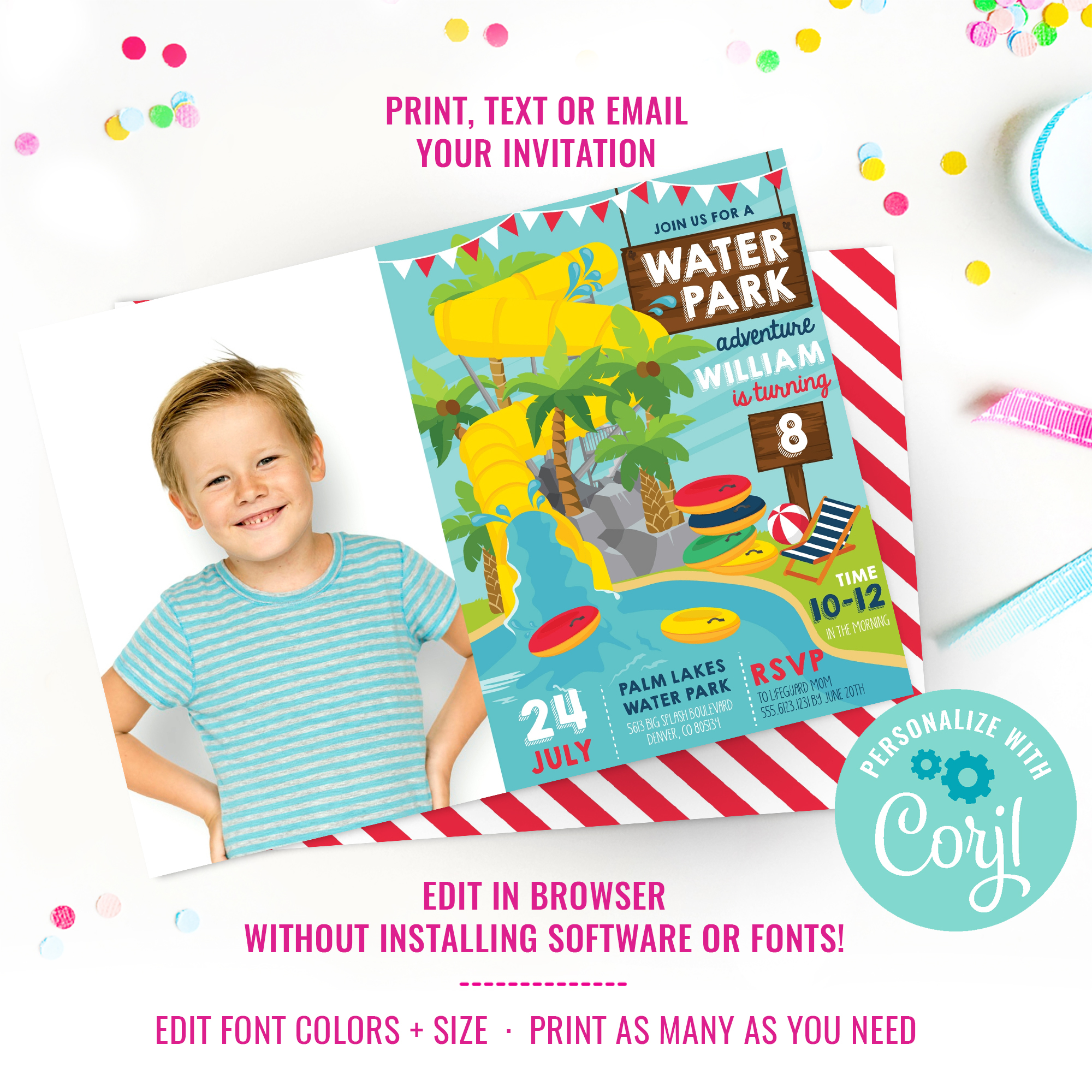 Waterpark Birthday Party Photo Invitation design preview