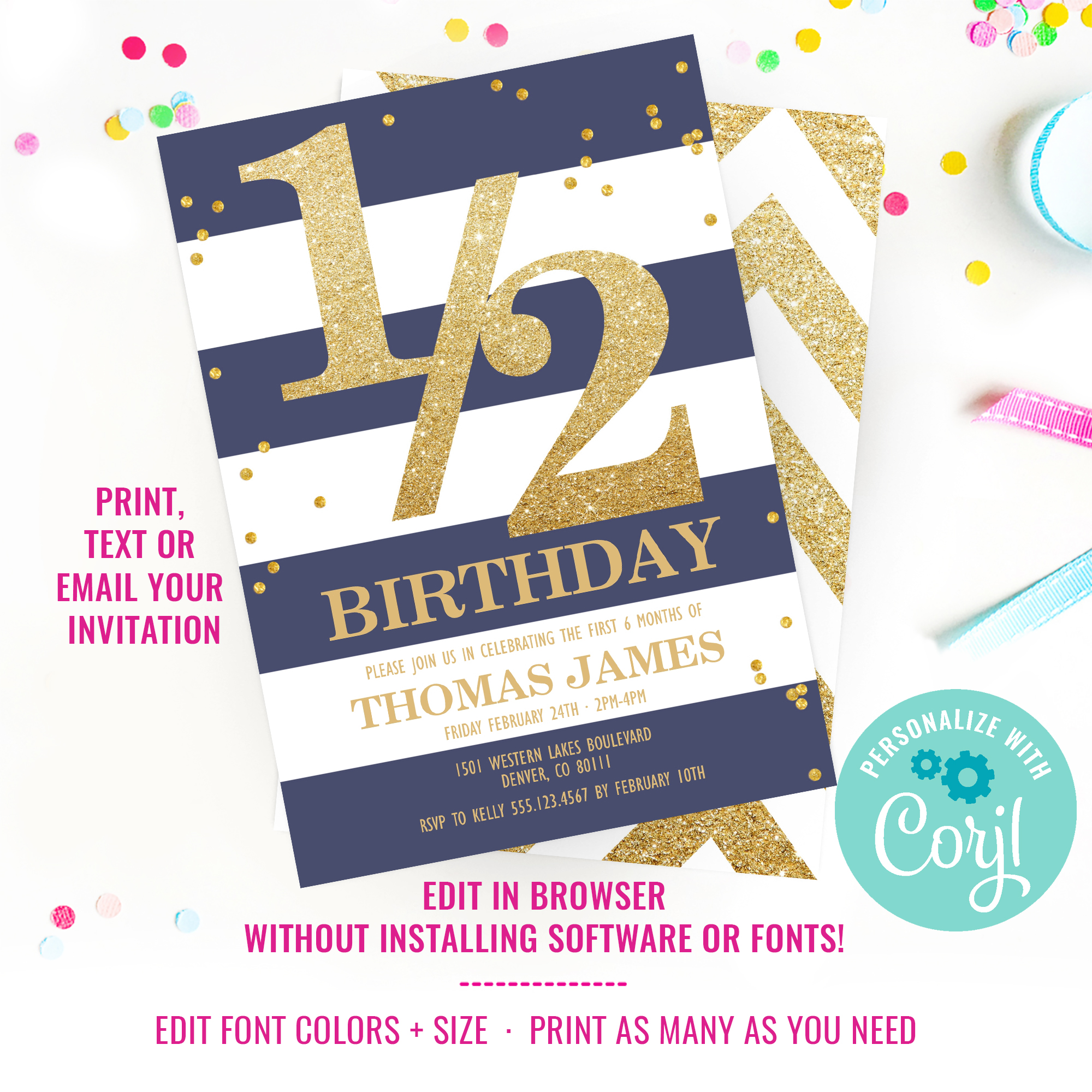 Half Birthday Blue and White Stripe Invitation design preview