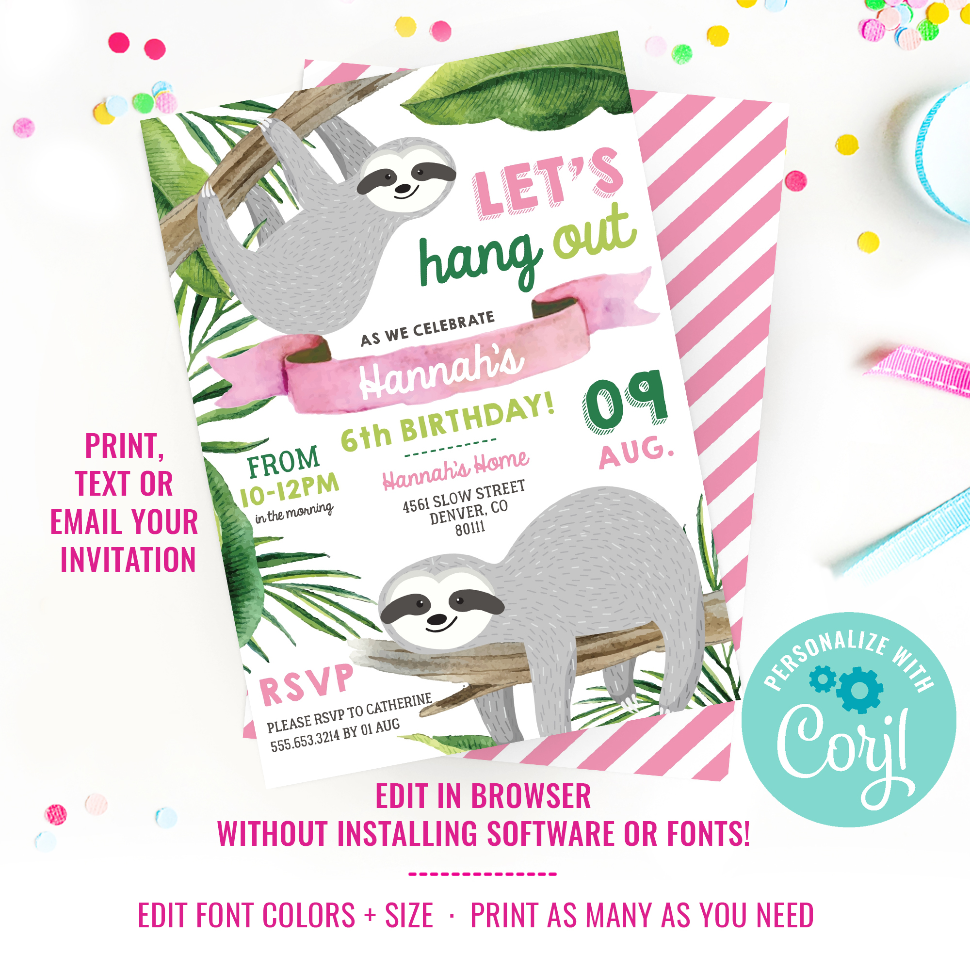 Sloth Birthday Party Invitation design preview