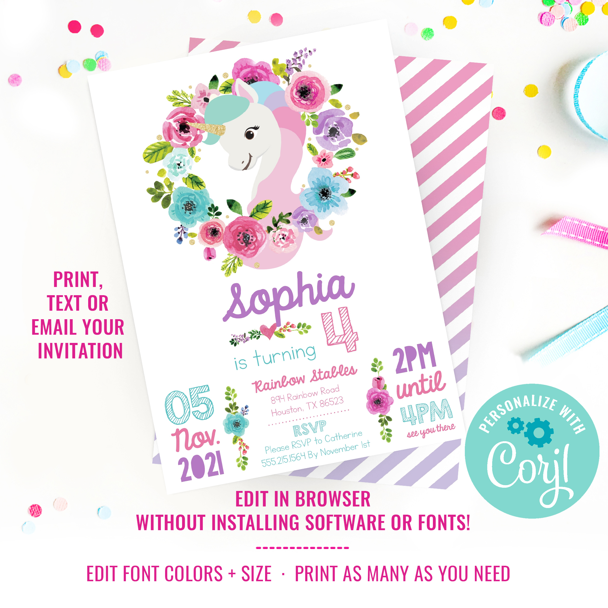 Unicorn Party Invitation design preview