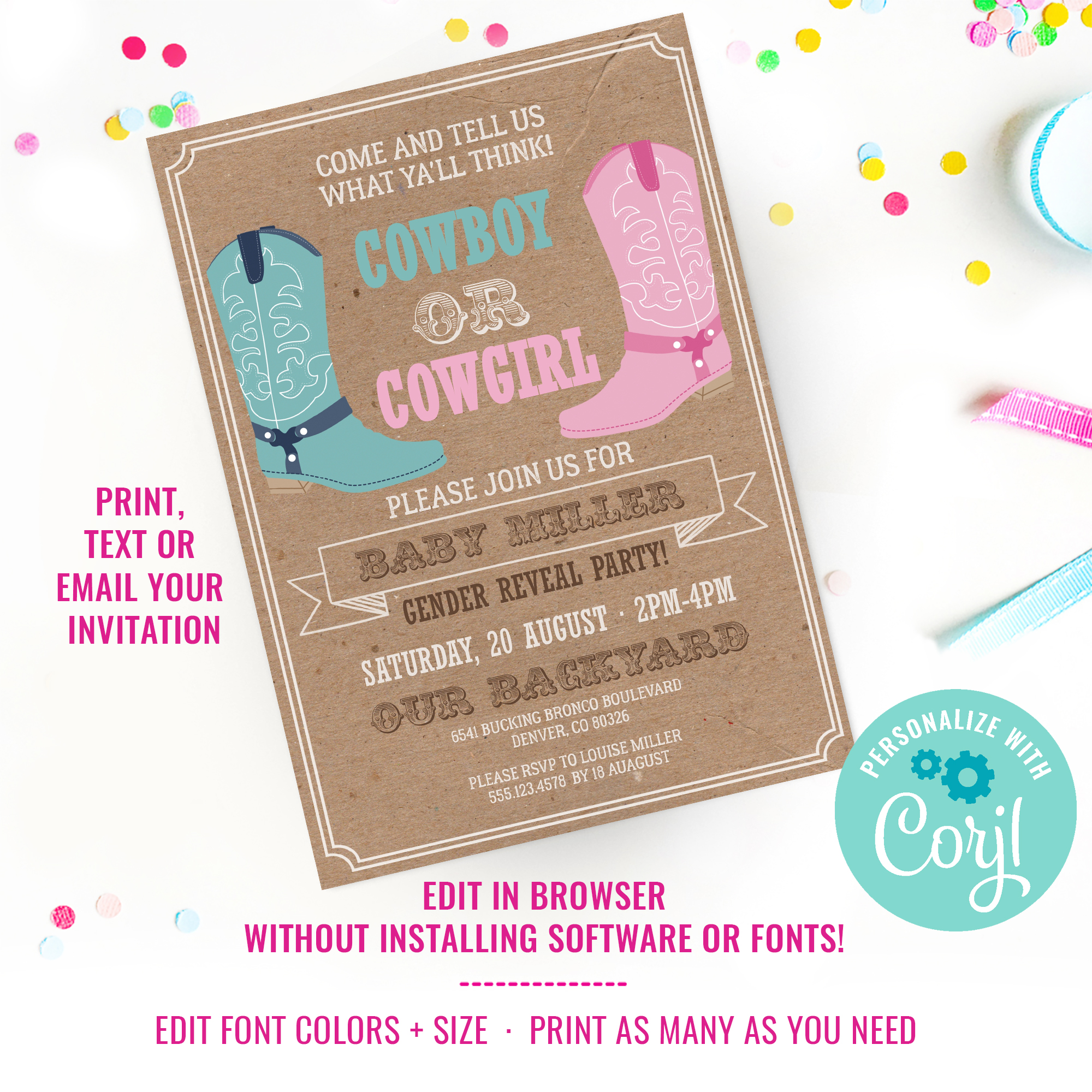Cowboy or Cowgirl Gender Reveal Party Invitation design preview