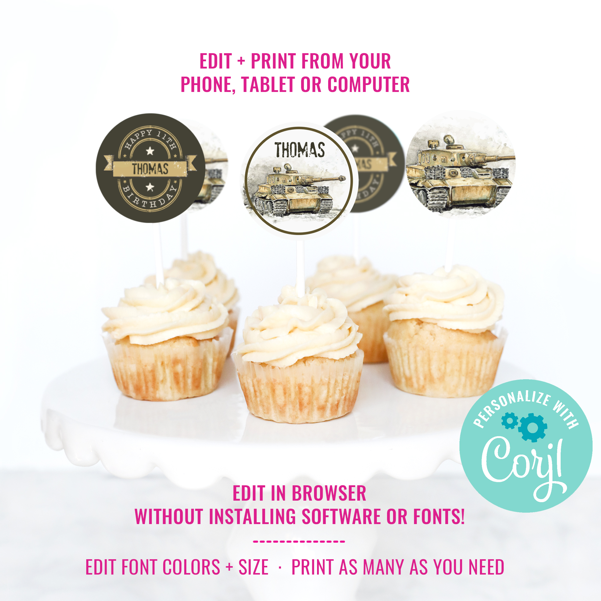 Army Party Cupcake Toppers design preview