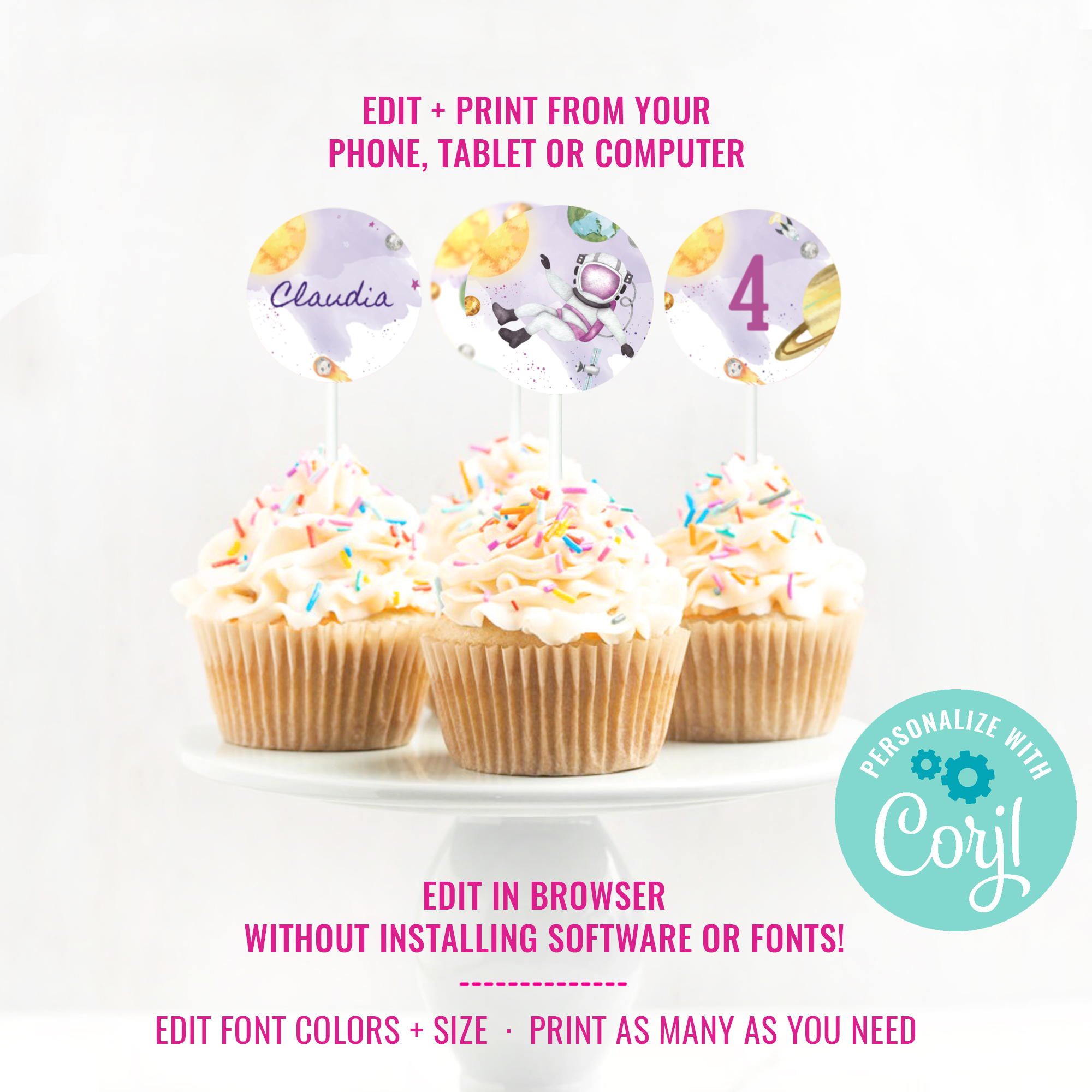Space Party Cupcake Toppers for Girls design preview