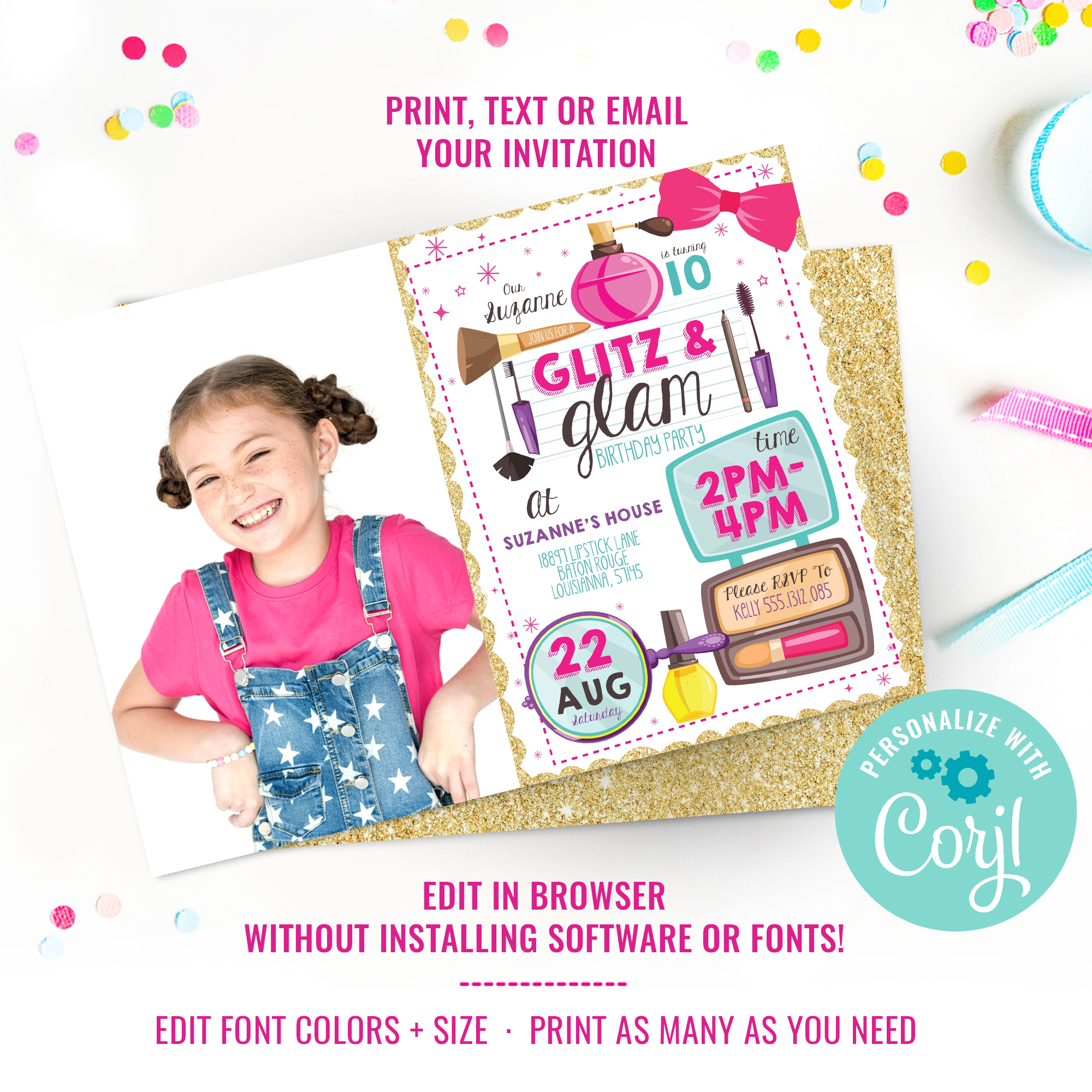 Glitz and Glam Girls Party Photo Invitation design preview