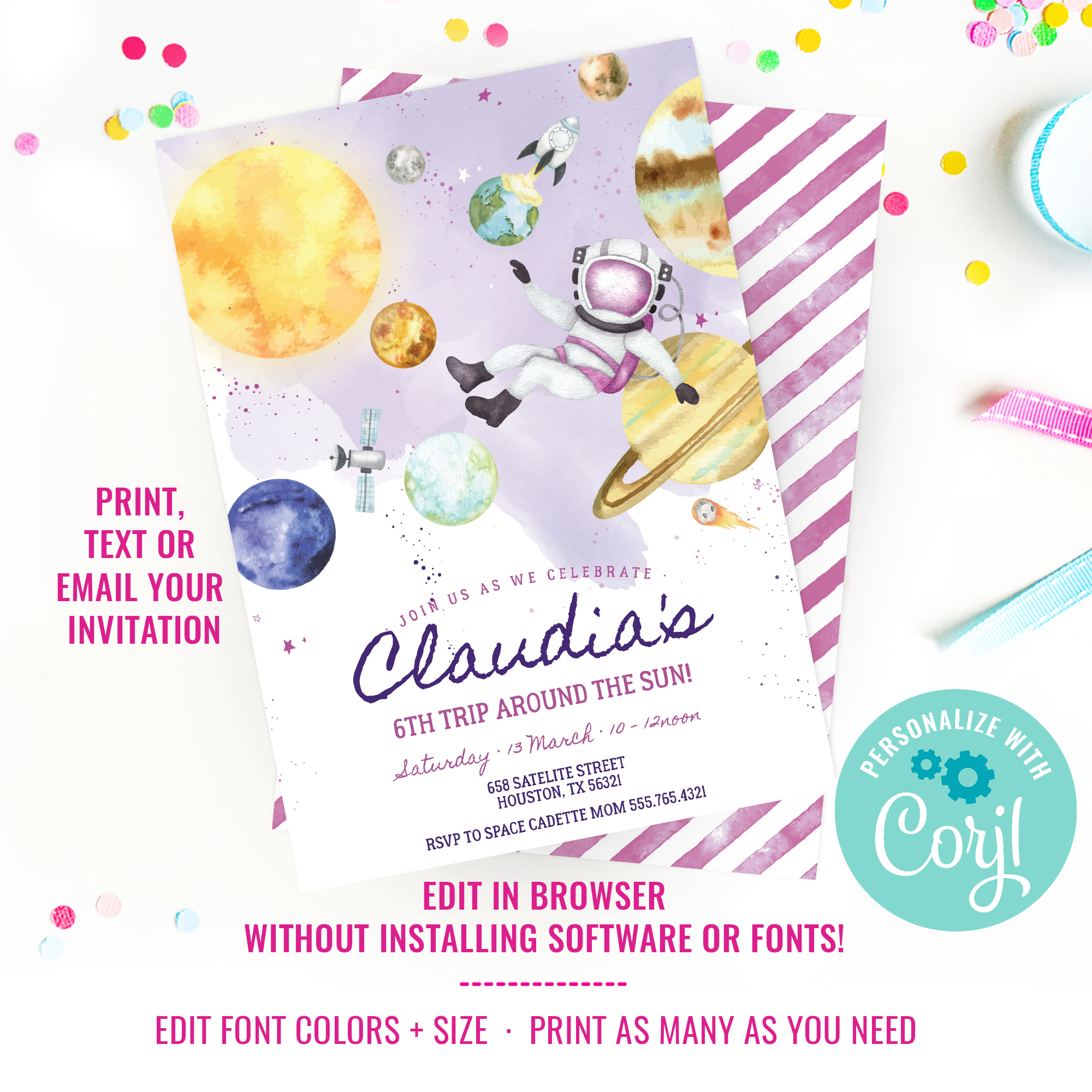 Space Party Invitation for Girls design preview