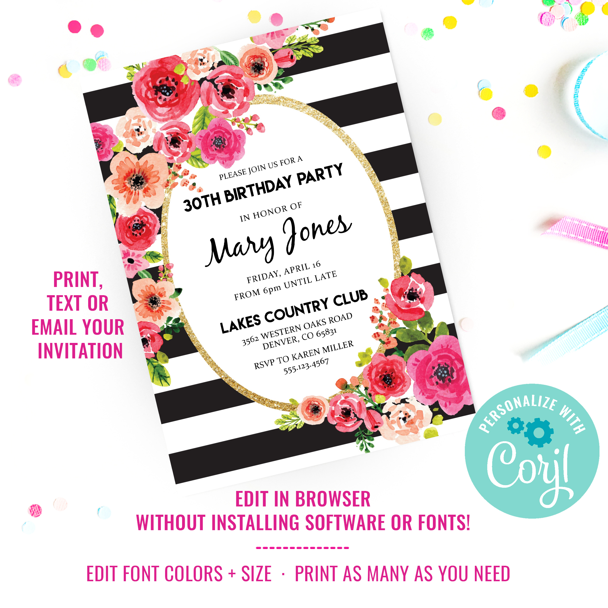 Black And White Stripe Floral Watercolor Birthday Invitation design preview