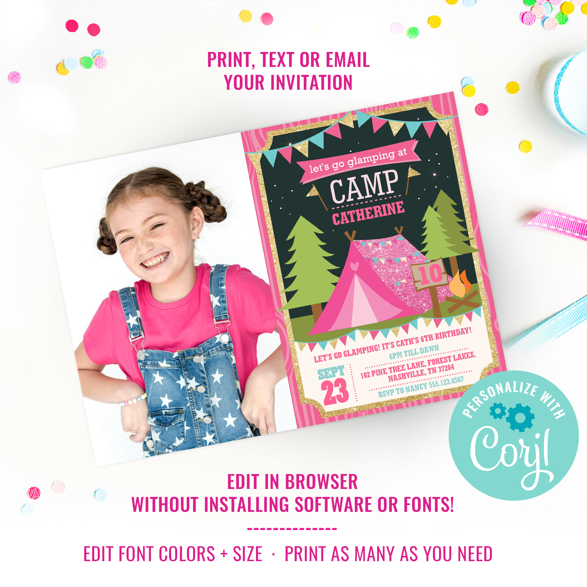 Glamping Party Photo Invitation design preview