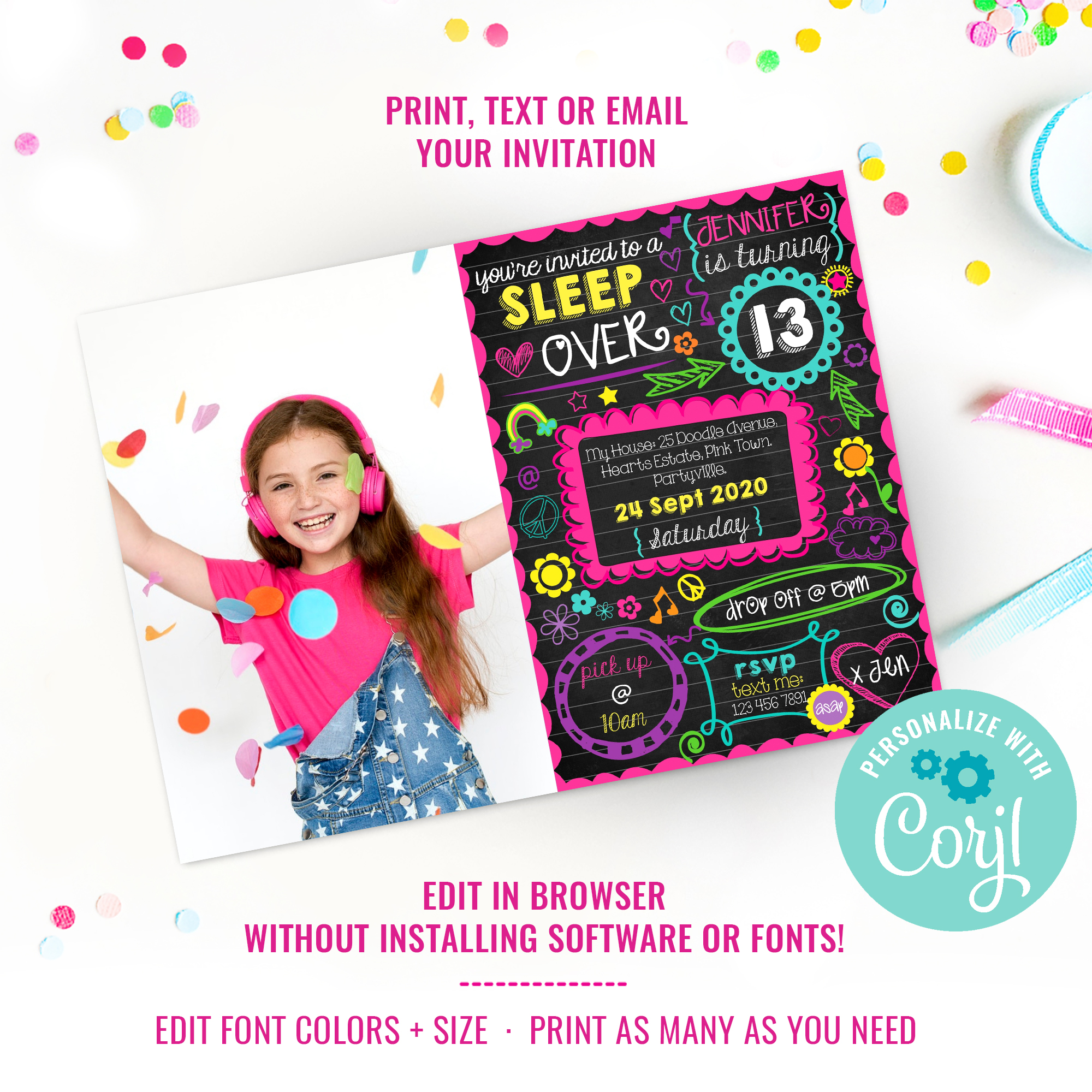Neon Sleepover Photo Invitation design preview