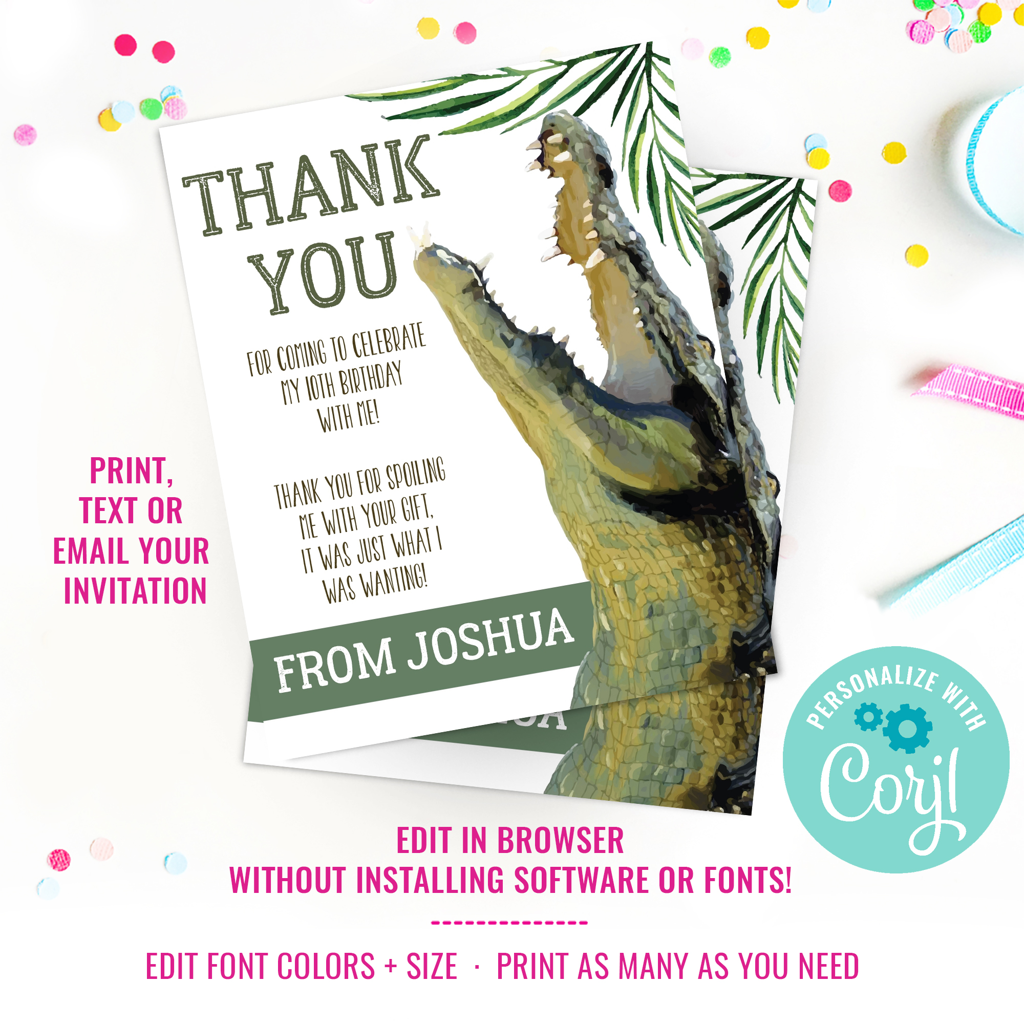 Crocodile Party Thank You Card design preview