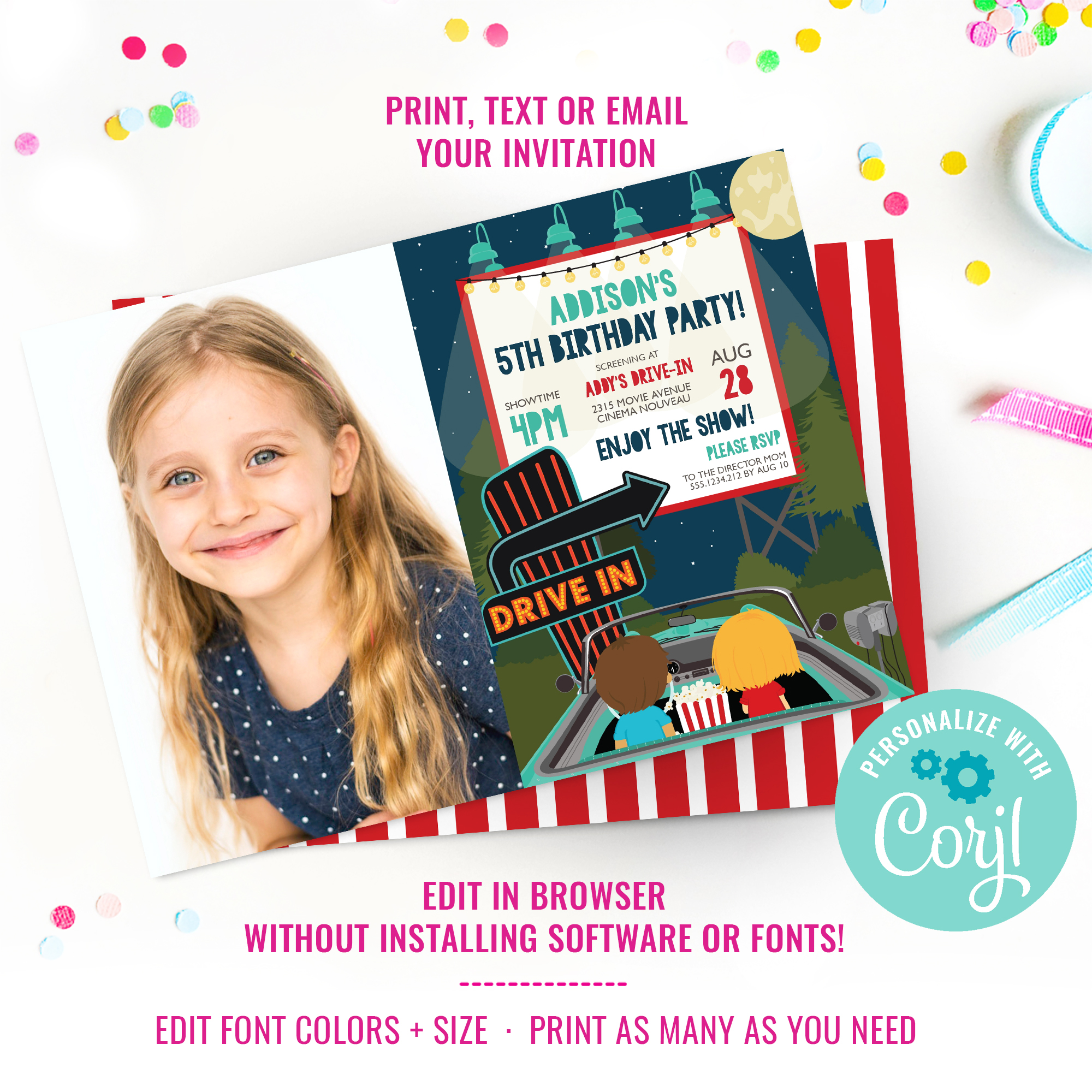 Drive-In Movie Party Photo Invitation design preview